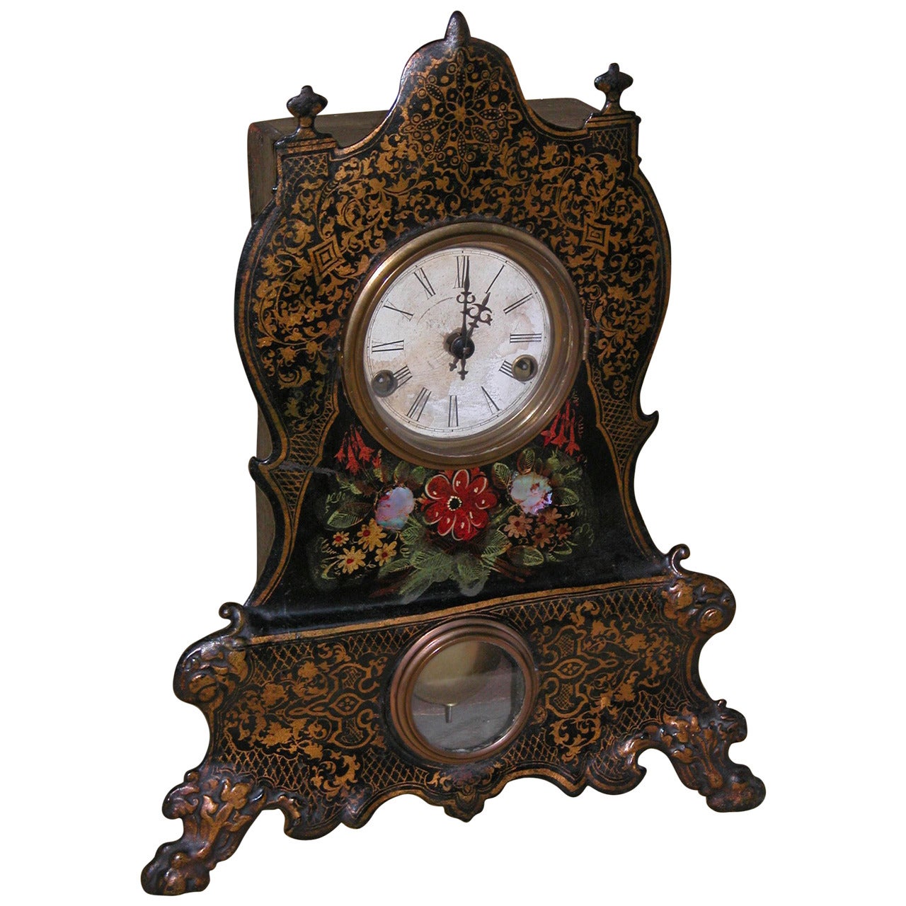 Victorian Clock with Cast Iron Face, Mother-of-Pearl Inlay and Floral Decoration