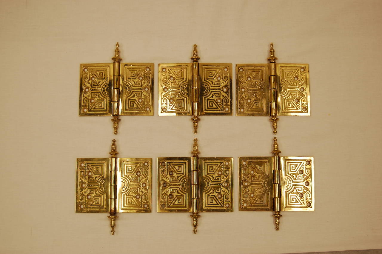 Late Victorian Set of Six Solid Brass Door Hinges, circa 1876