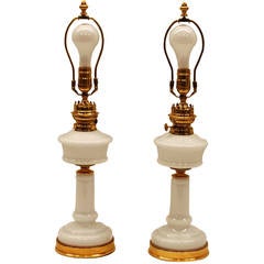 Pair of Opaline Glass French Oil Lamps, circa 1880 Pair of Opaline Glass French Oil Lamps, circa 1880