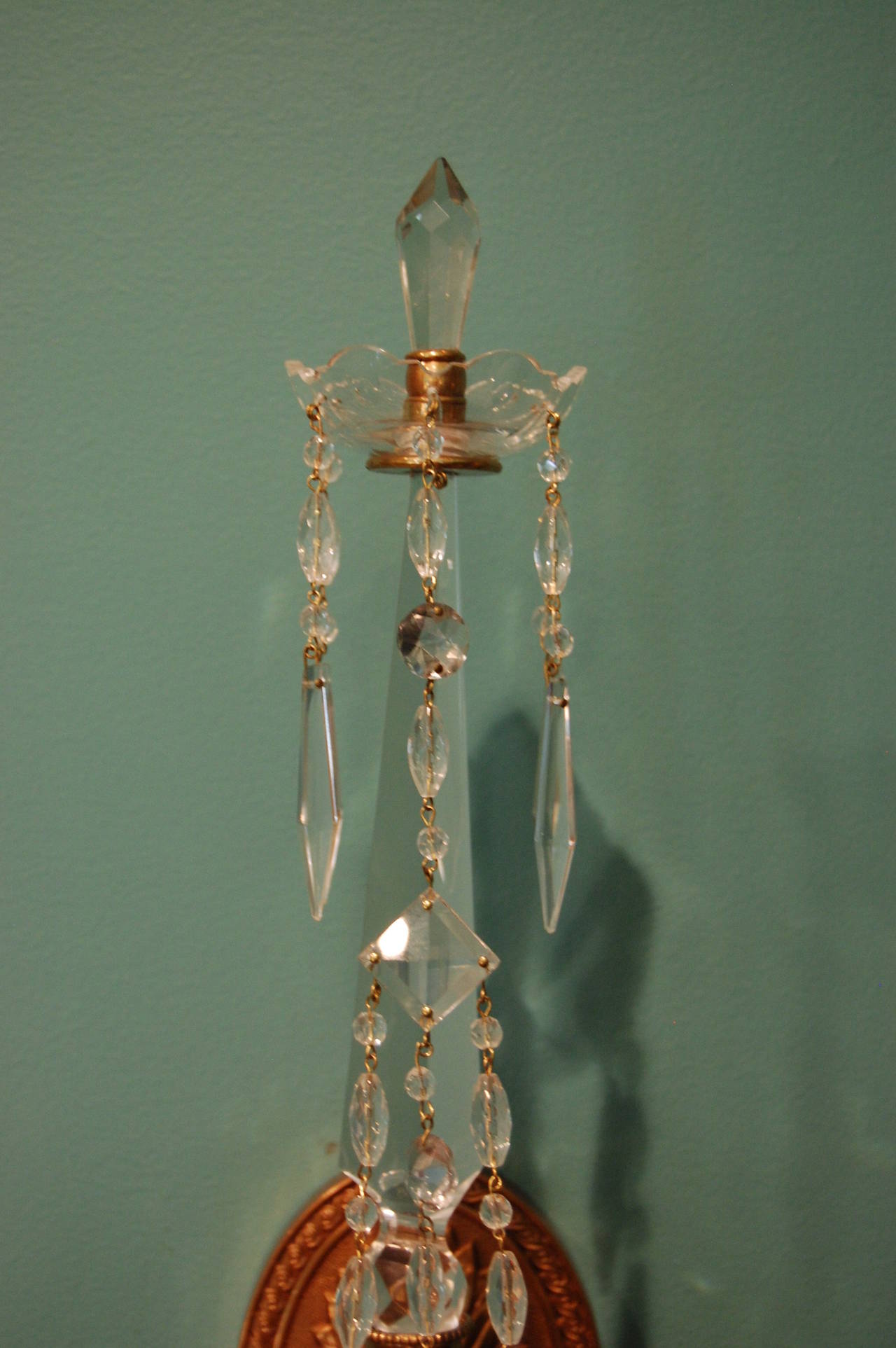 Early 20th Century Pair of Crystal Two-Light Wall Sconces with Crystal Drops, Waterford Type, 1920s