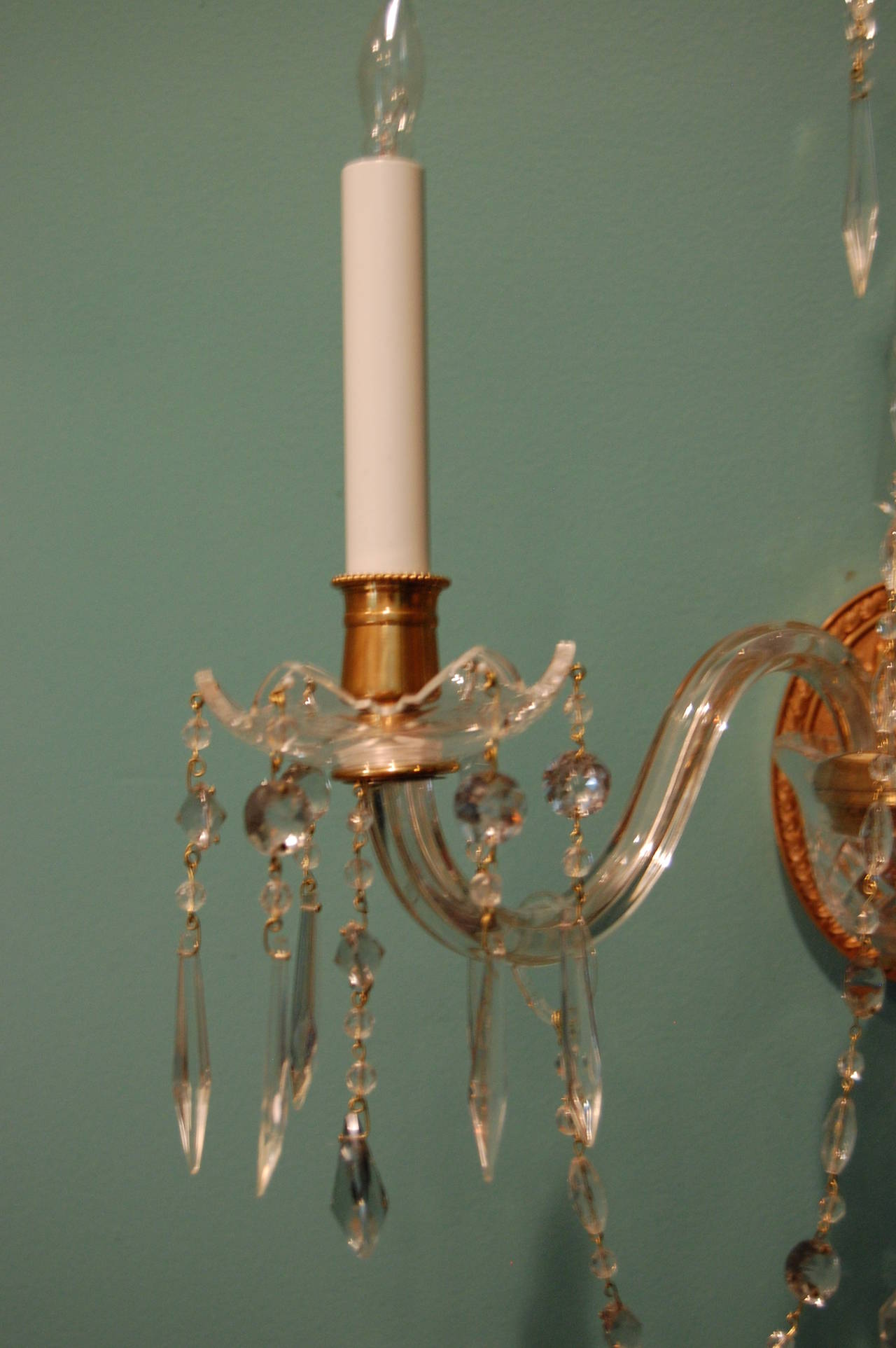 Pair of Crystal Two-Light Wall Sconces with Crystal Drops, Waterford Type, 1920s In Excellent Condition In Pittsburgh, PA