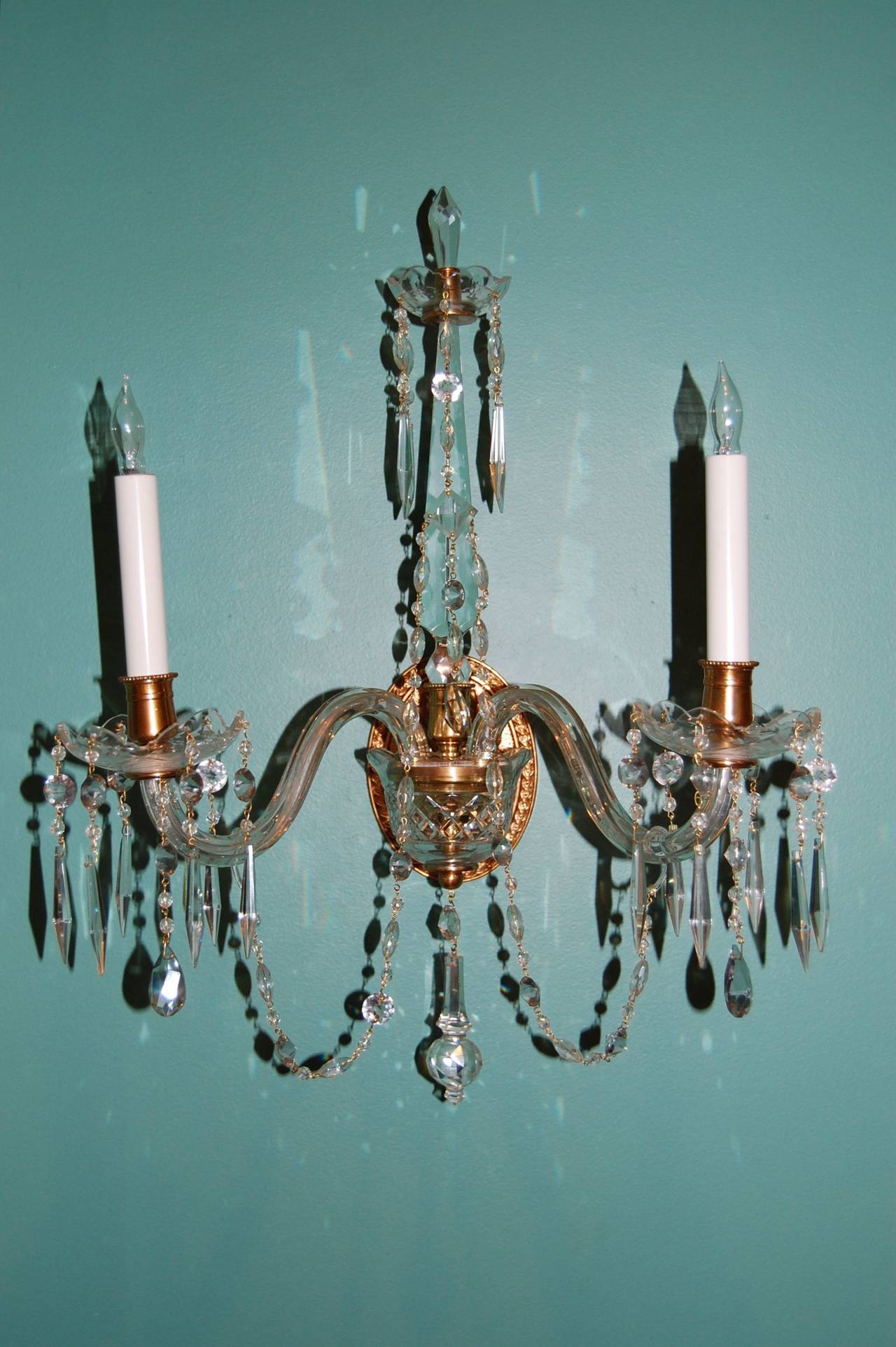Unknown Pair of Crystal Two-Light Wall Sconces with Crystal Drops, Waterford Type, 1920s