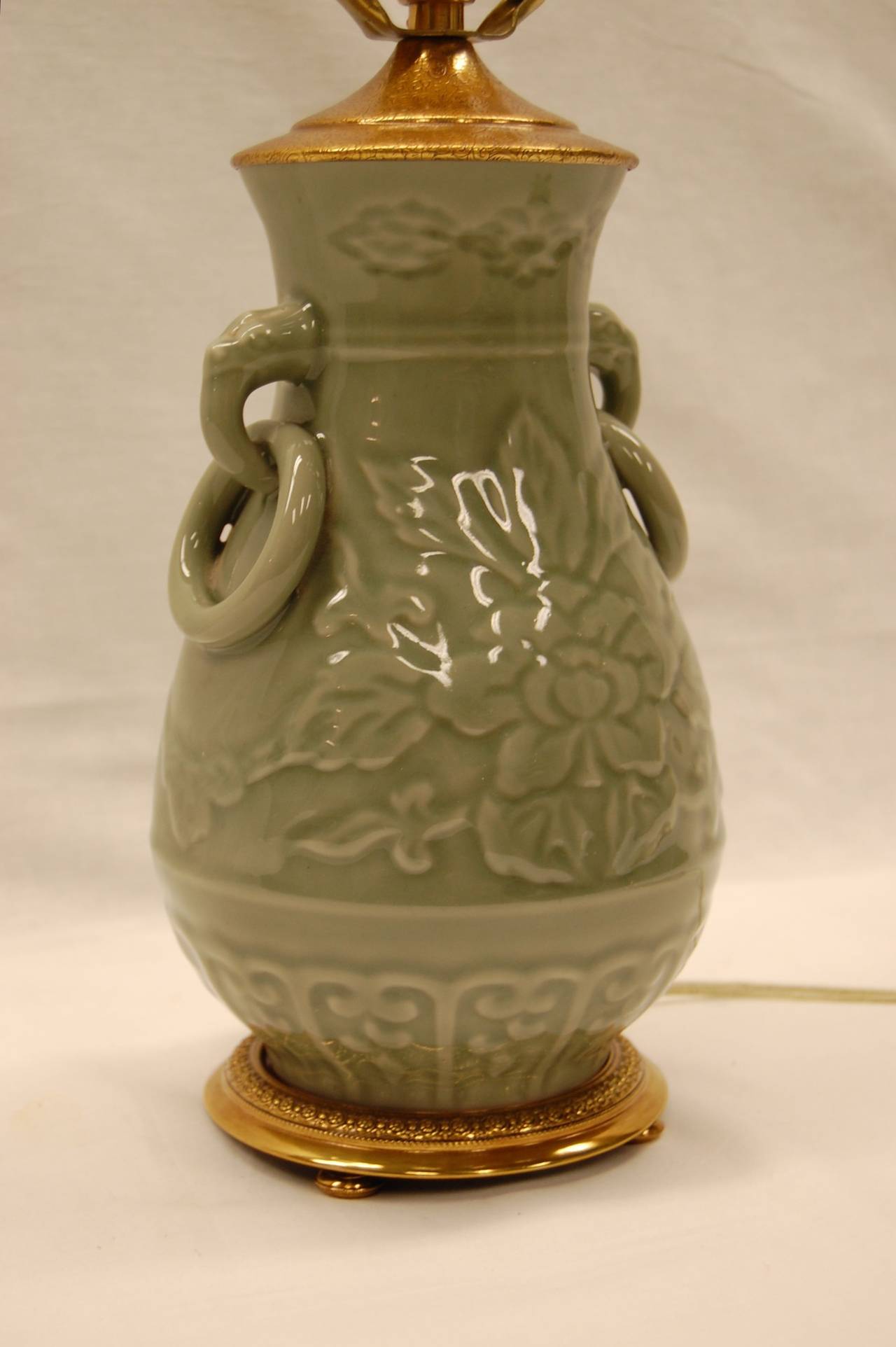 Early 20th Century Chinese Celadon Urn Lamp with Original Brass Cap and Base