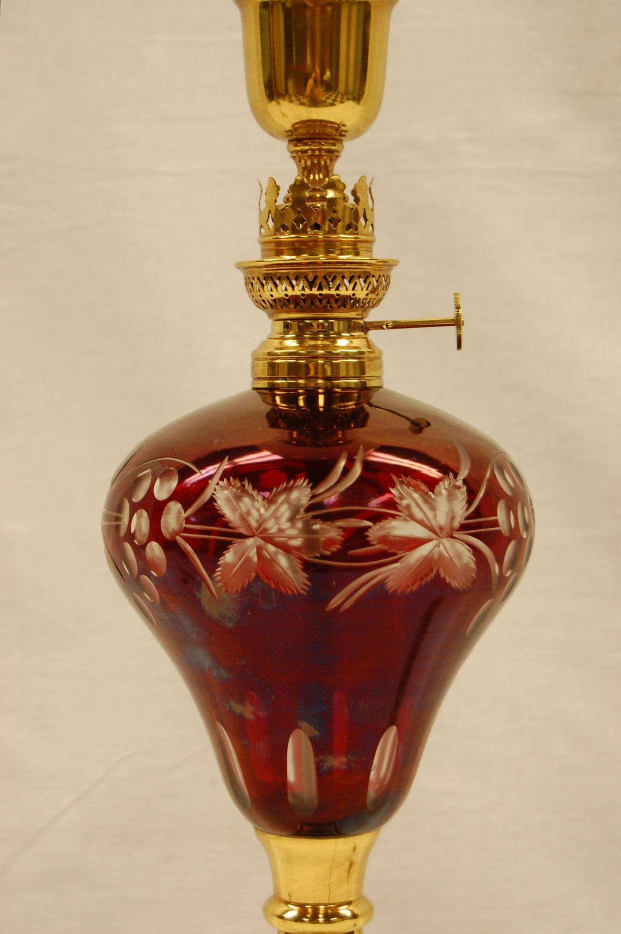 High Victorian Ruby Cut Glass Font Oil Lamp, circa 1865