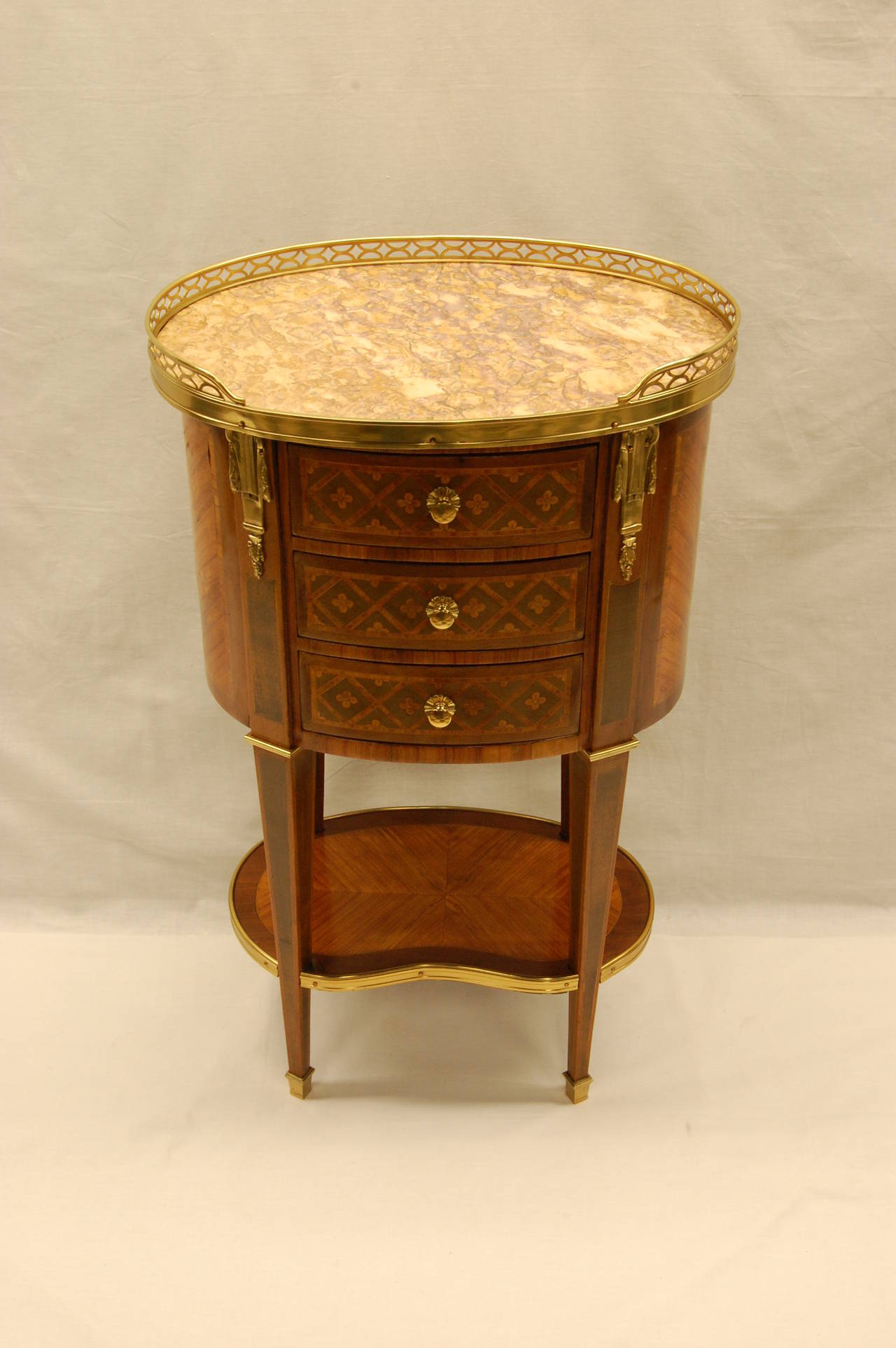 Cast Oval Shaped Sienna Marble-Top French Side Table with Brass Gallery and Ormolu