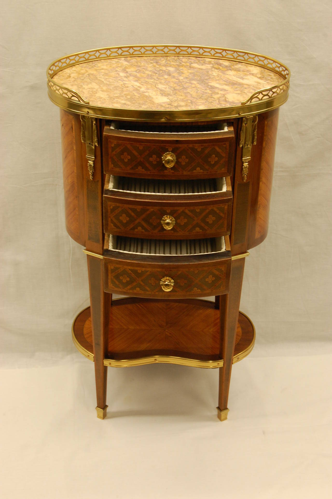 Oval Shaped Sienna Marble-Top French Side Table with Brass Gallery and Ormolu In Excellent Condition In Pittsburgh, PA