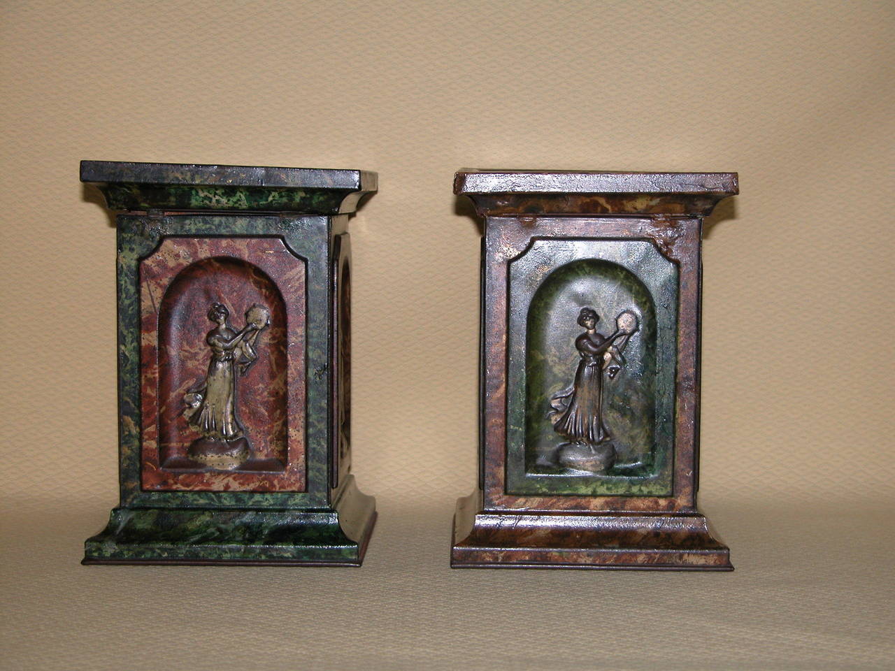 Faux Bois Pair of English Tin Biscuit Boxes with Classical Figures by Huntley & Palmers
