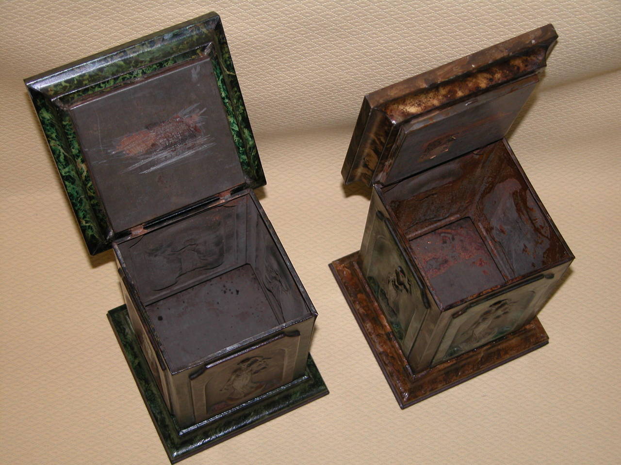 Early 20th Century Pair of English Tin Biscuit Boxes with Classical Figures by Huntley & Palmers