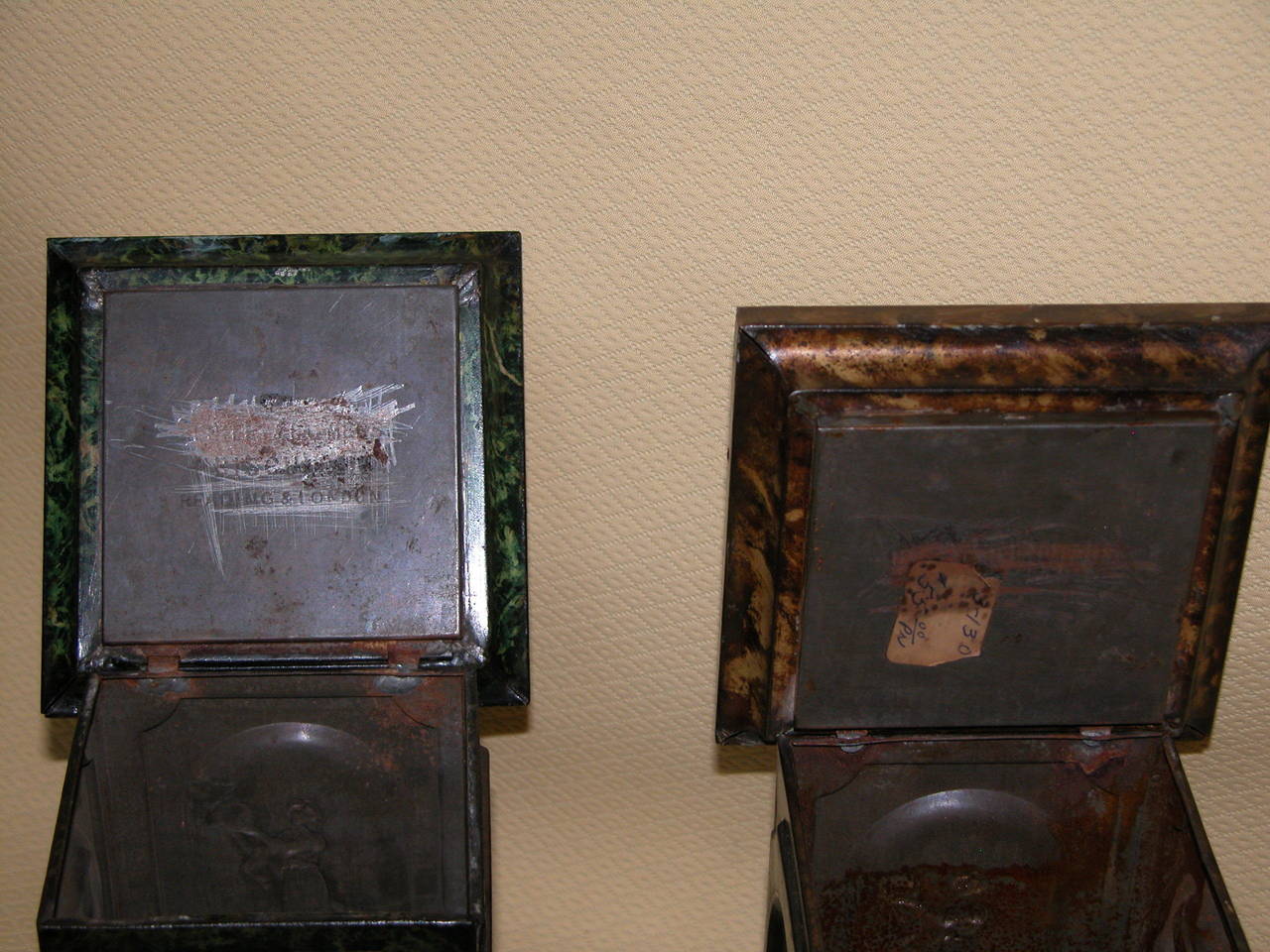 Pair of English Tin Biscuit Boxes with Classical Figures by Huntley & Palmers 1