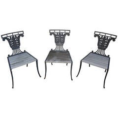 Set of Three Cast Iron Side Chairs with Teak Slat Seats by Emil Hauser, New York