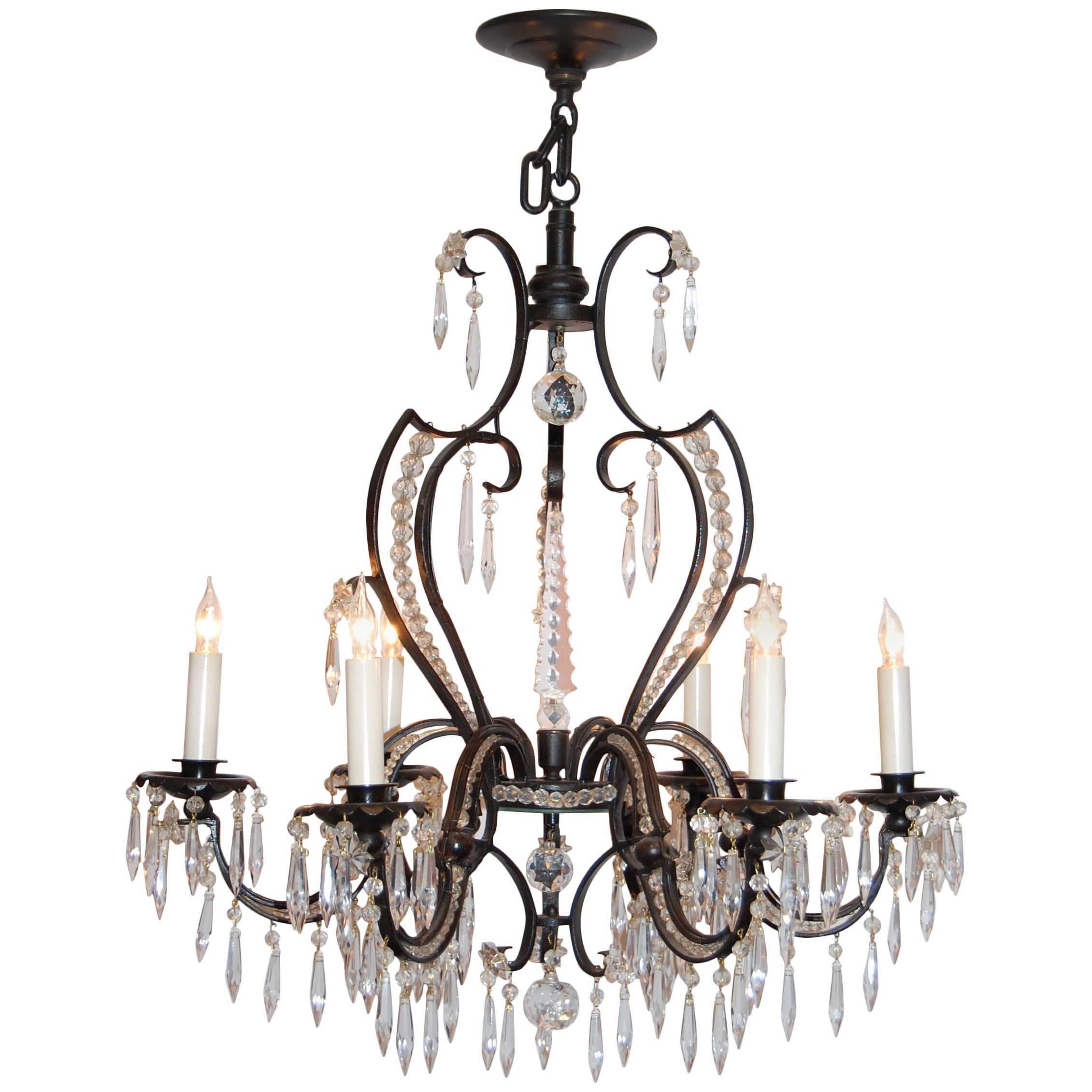 Iron and Crystal Six-Light Chandelier, circa 1920s - 1930s For Sale