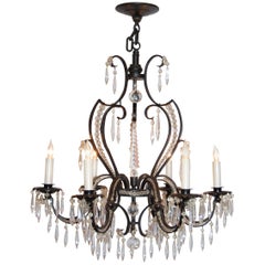 Iron and Crystal Six-Light Chandelier, circa 1920s - 1930s