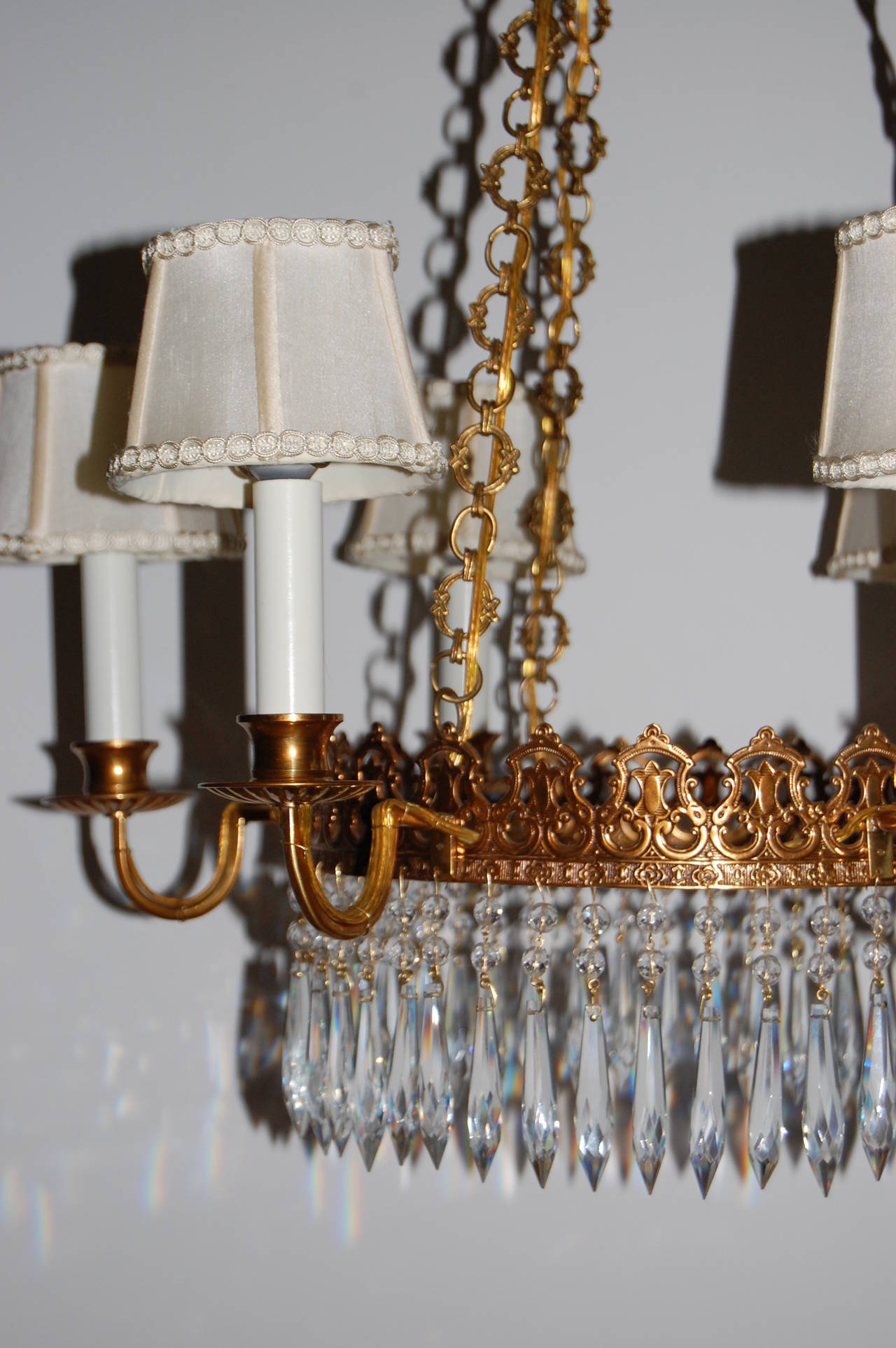 Regency Style Brass and Crystal Six-Light Chandelier, circa 1920 In Excellent Condition For Sale In Pittsburgh, PA