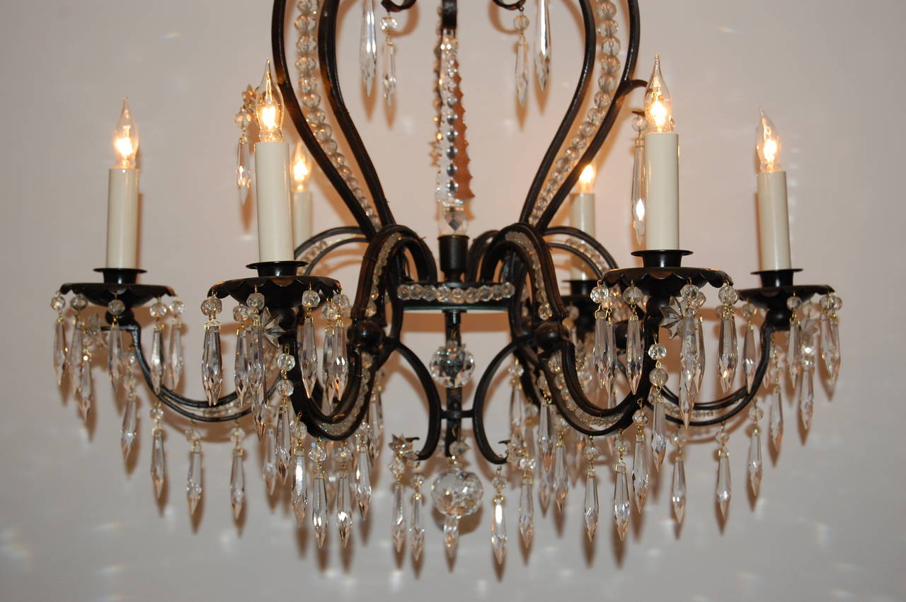 20th Century Iron and Crystal Six-Light Chandelier, circa 1920s - 1930s For Sale