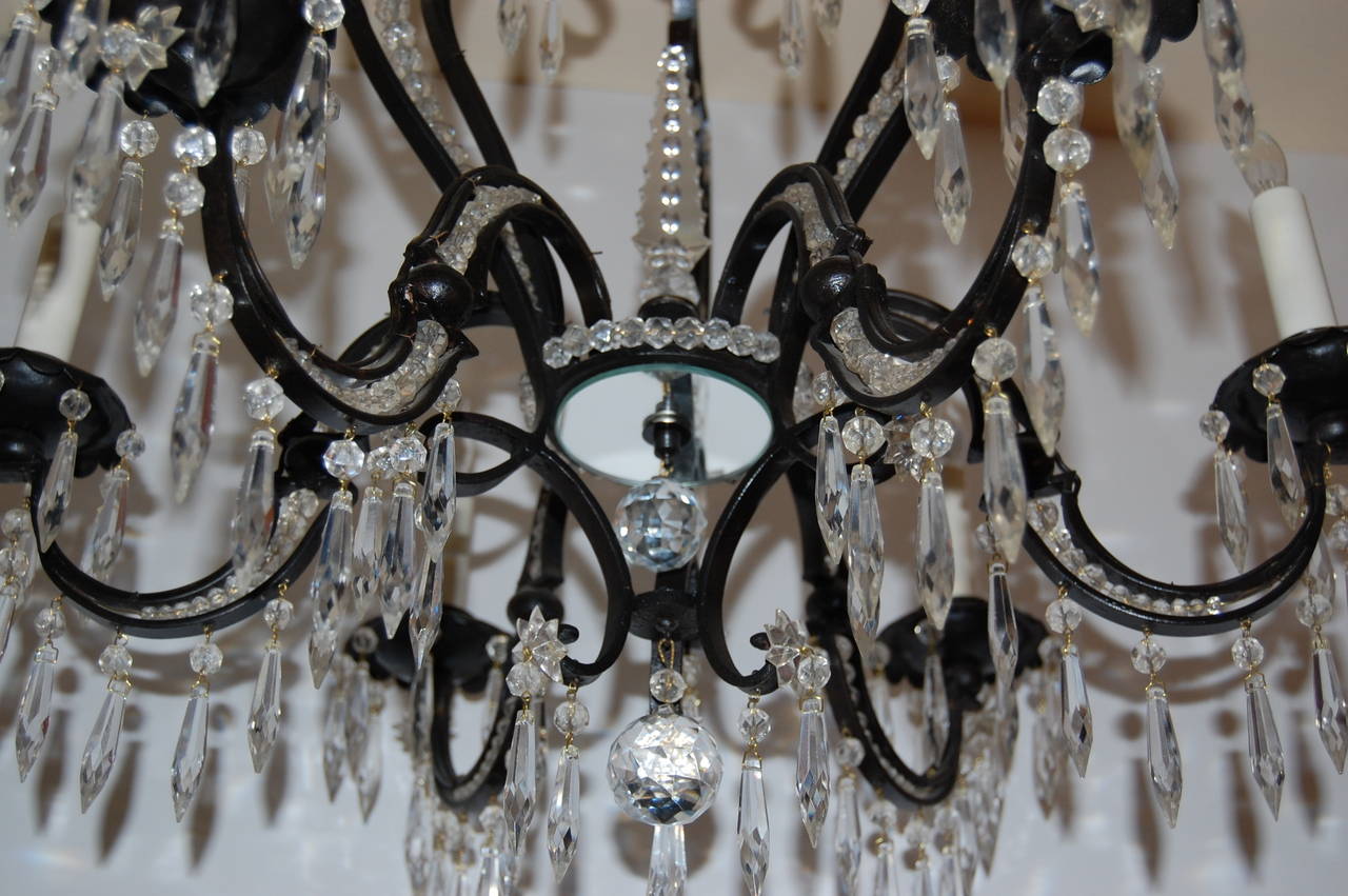 Iron and Crystal Six-Light Chandelier, circa 1920s - 1930s In Excellent Condition For Sale In Pittsburgh, PA