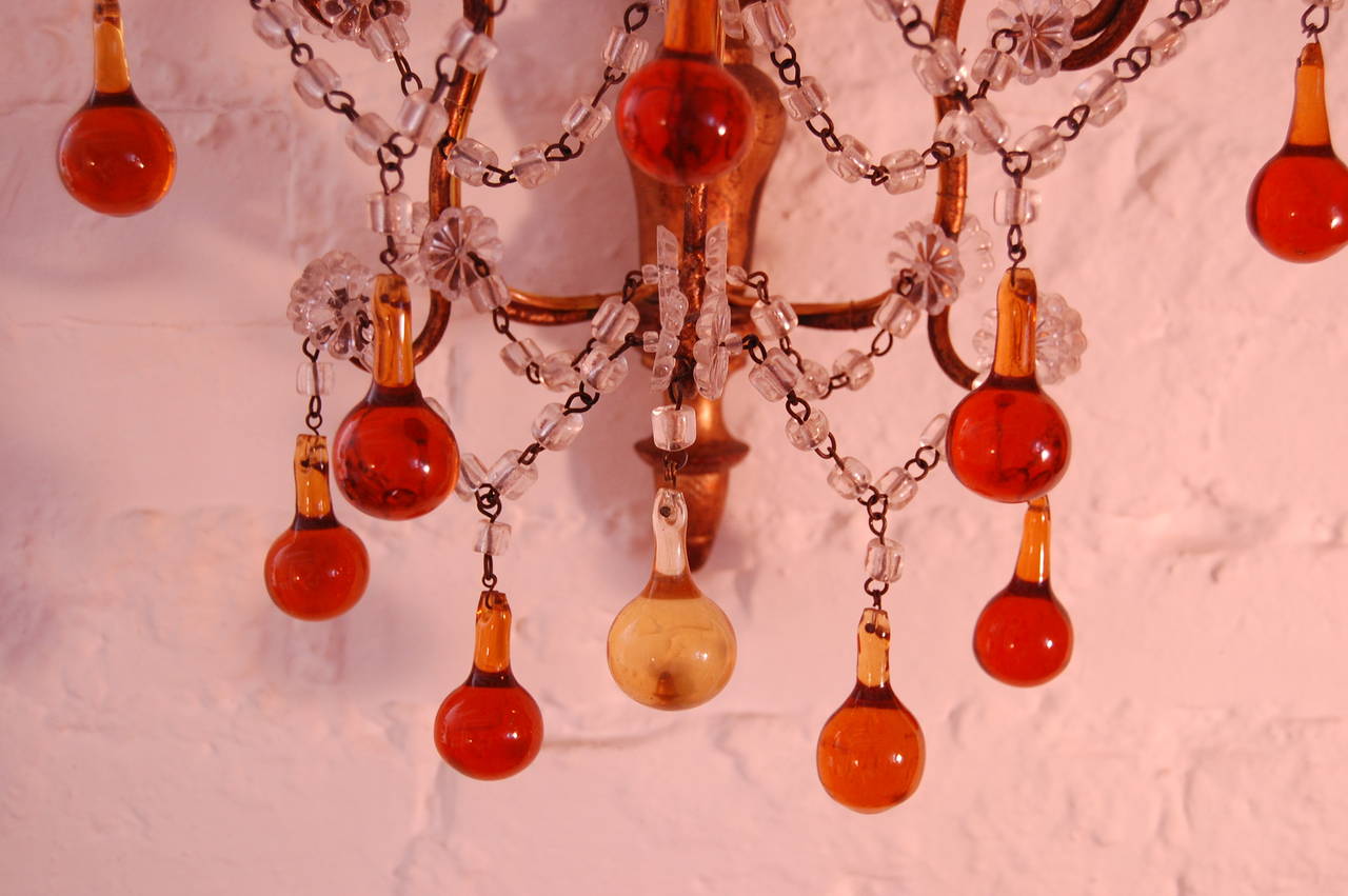 Pair of Italian Sconces with Amber & Clear Glass Beads circa 1920 In Excellent Condition For Sale In Pittsburgh, PA
