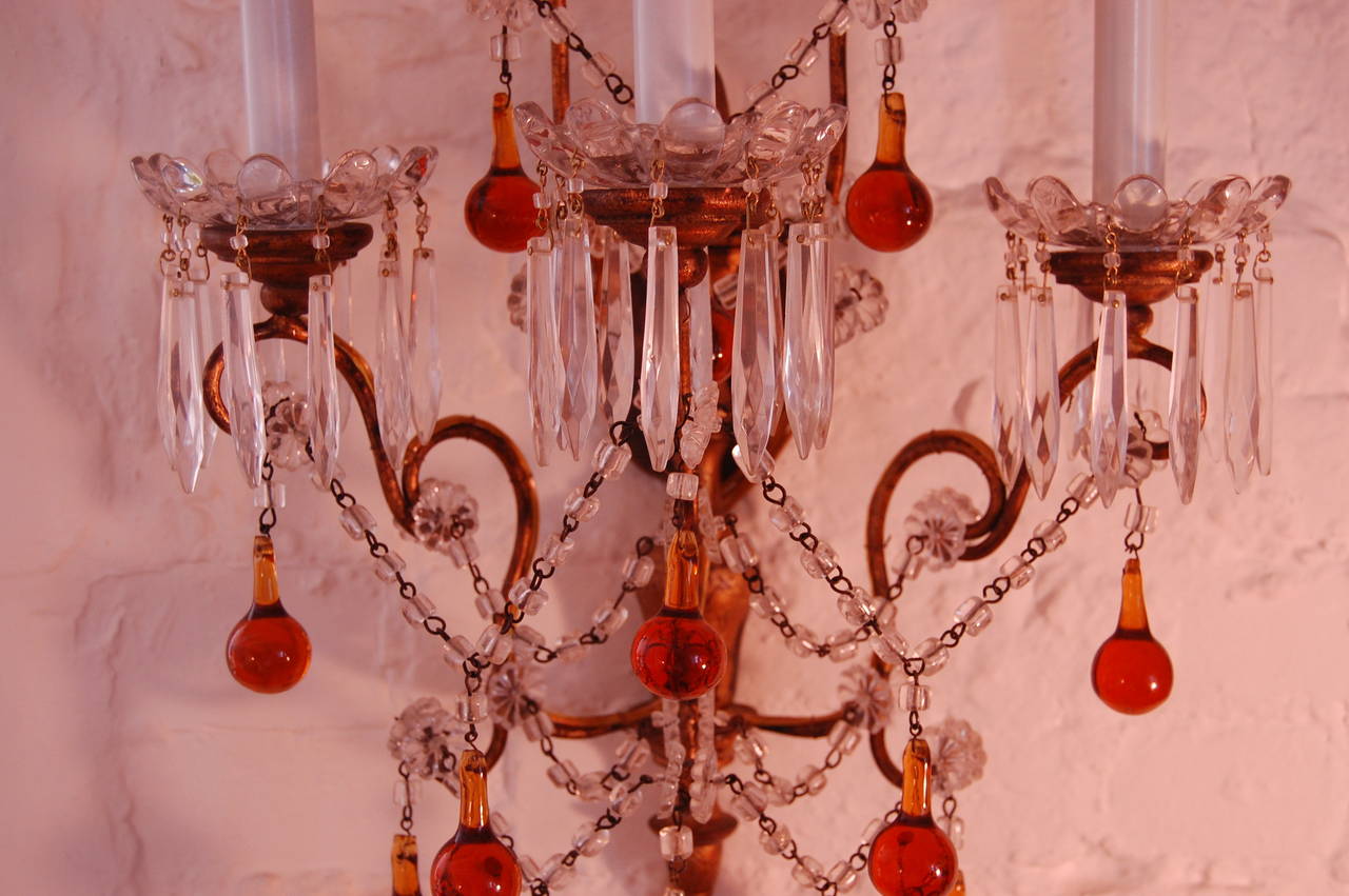 Pair of Italian Sconces with Amber & Clear Glass Beads circa 1920 For Sale 2