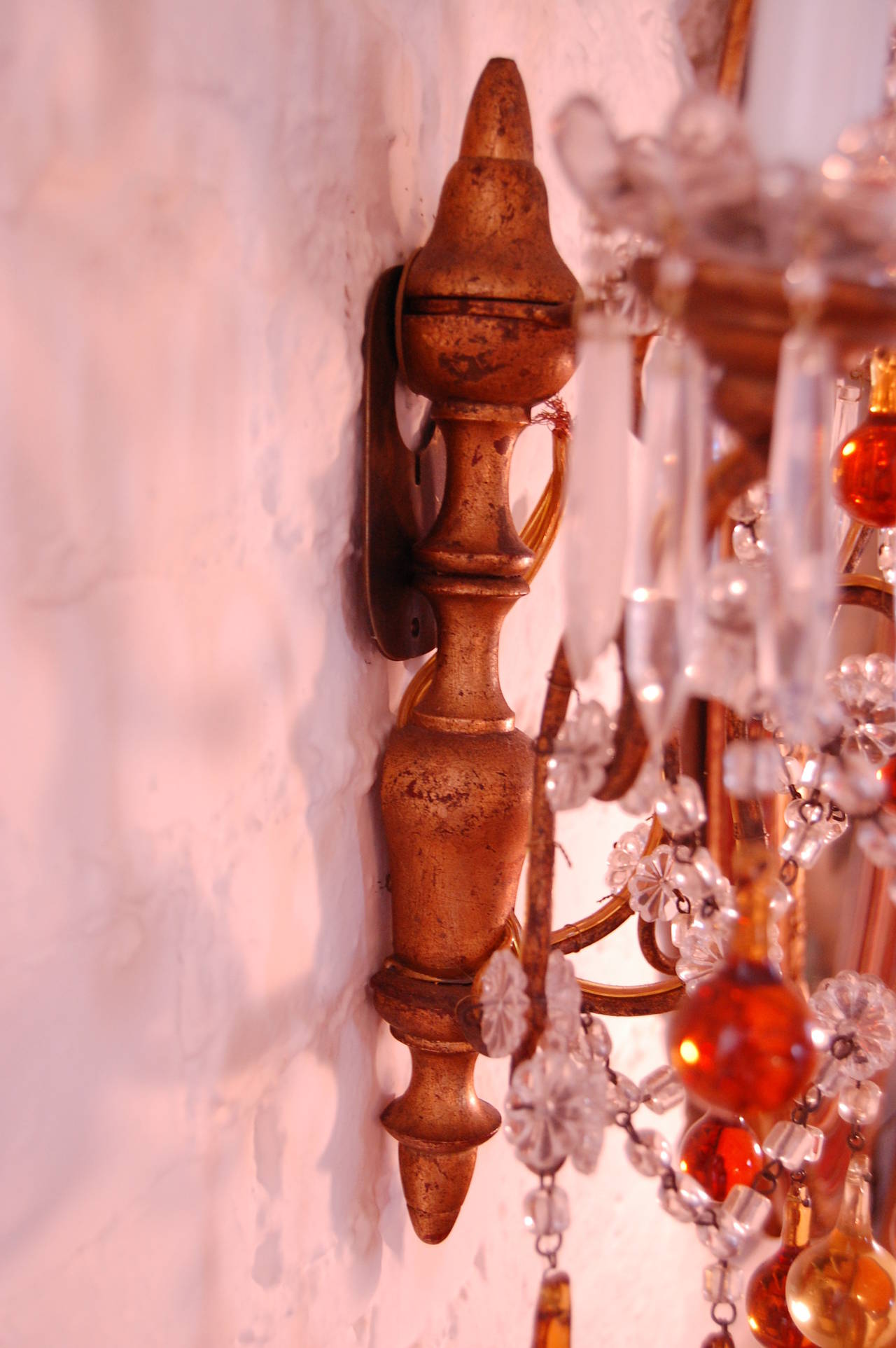 20th Century Pair of Italian Sconces with Amber & Clear Glass Beads circa 1920 For Sale