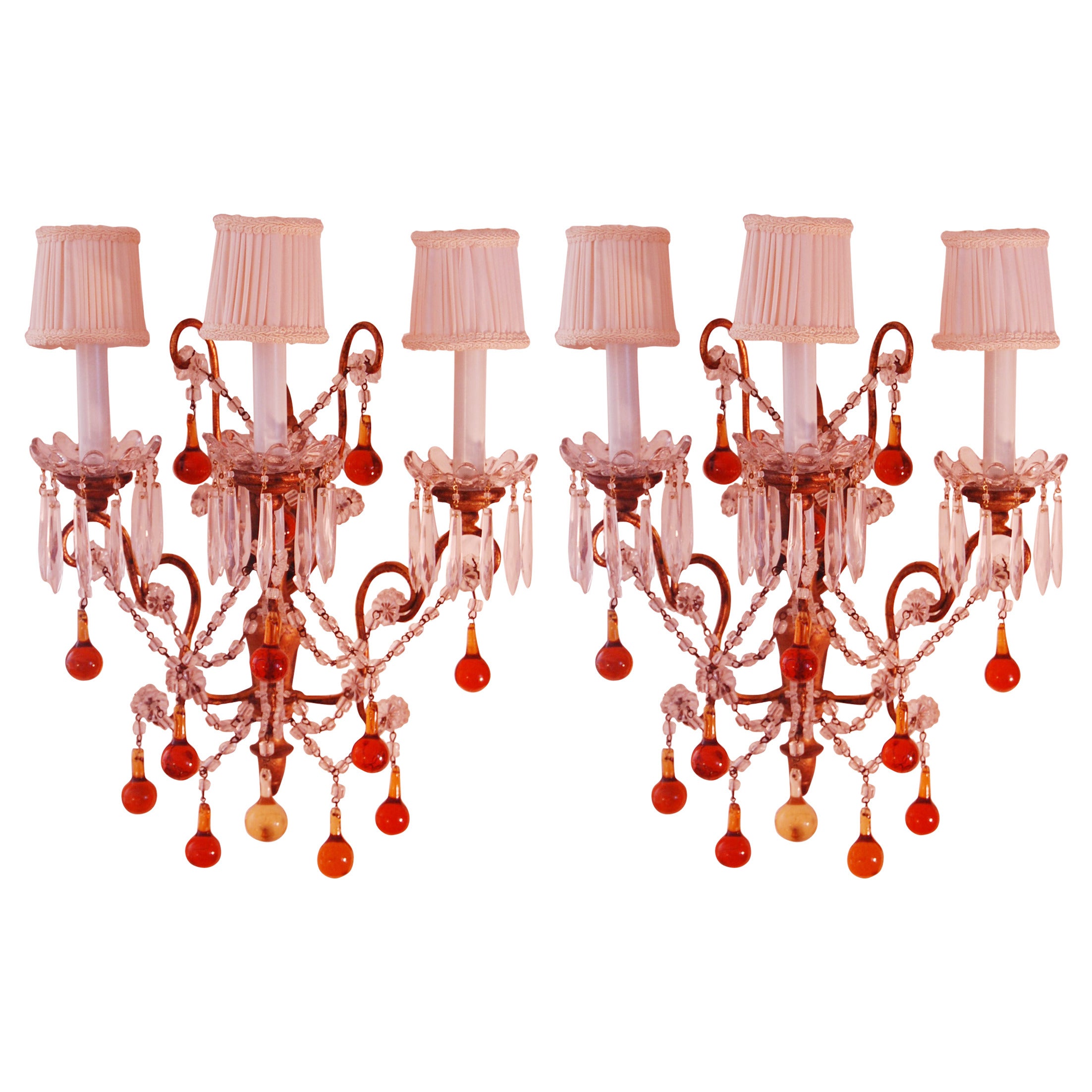 Pair of Italian Sconces with Amber & Clear Glass Beads circa 1920 For Sale