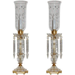 Pair of Crystal and Brass Candle Stick Lamps with Crystal Drops, 19th Century