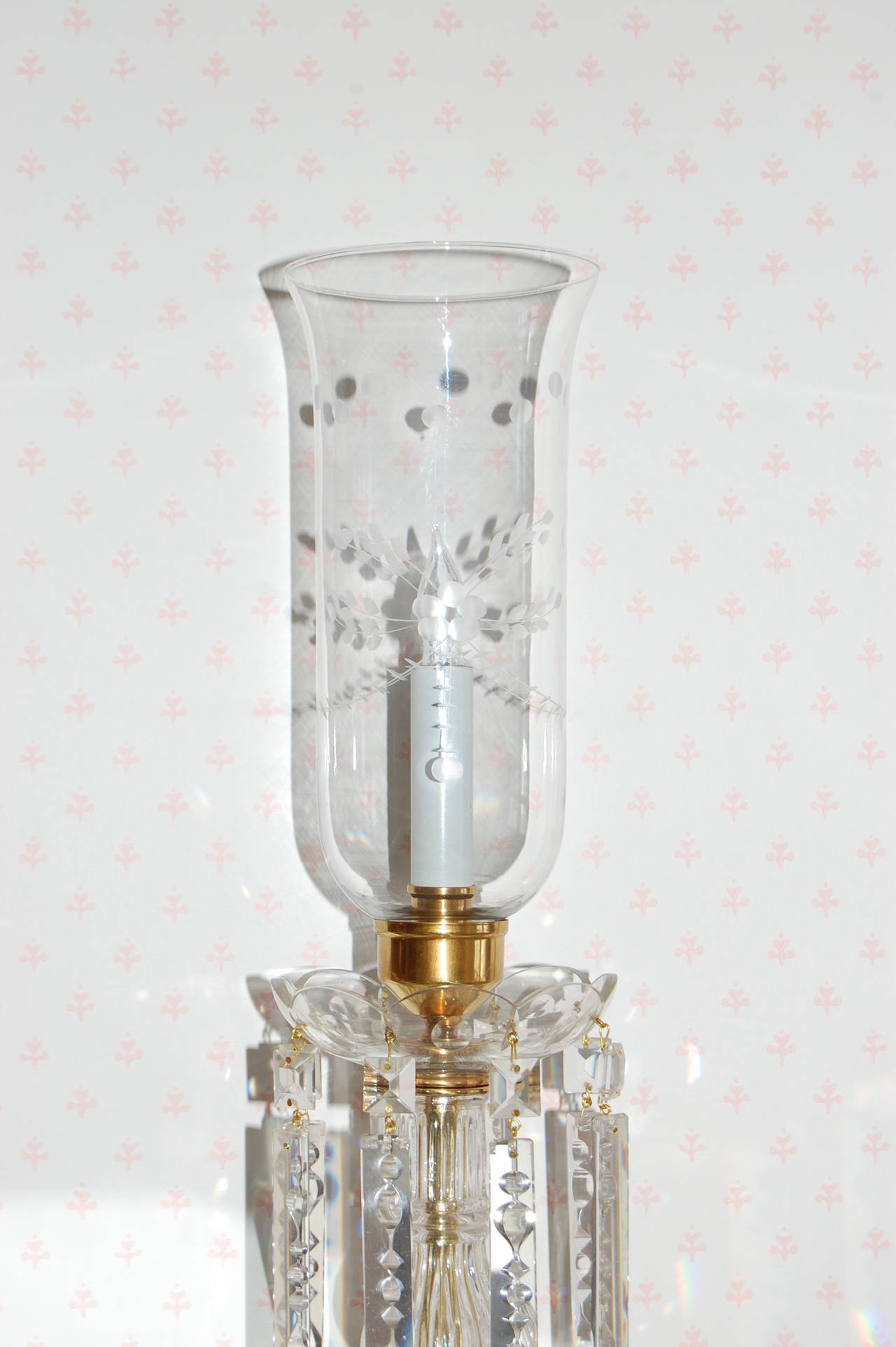 Victorian Pair of Crystal and Brass Candle Stick Lamps with Crystal Drops, 19th Century