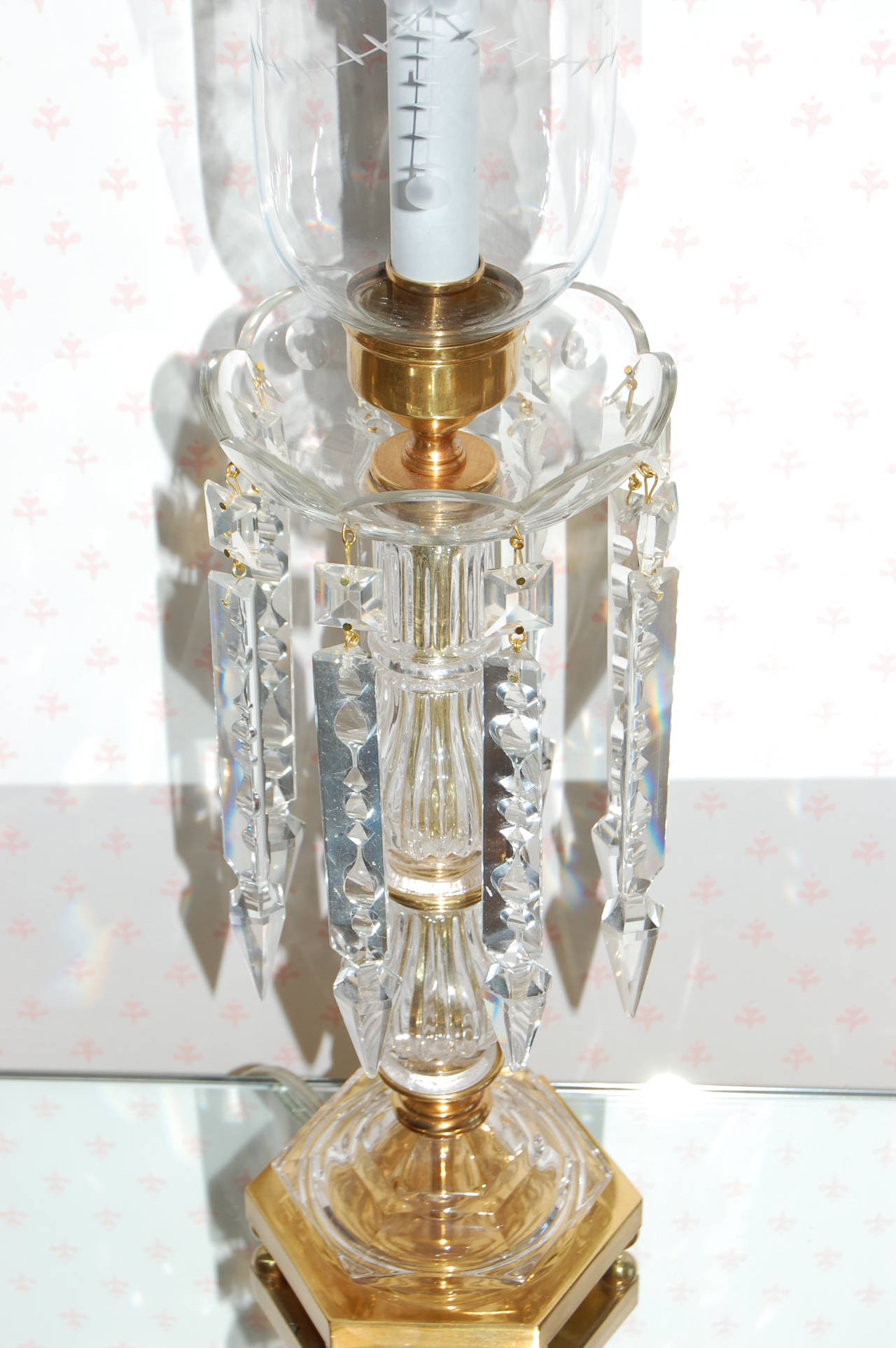 Pair of Crystal and Brass Candle Stick Lamps with Crystal Drops, 19th Century 1
