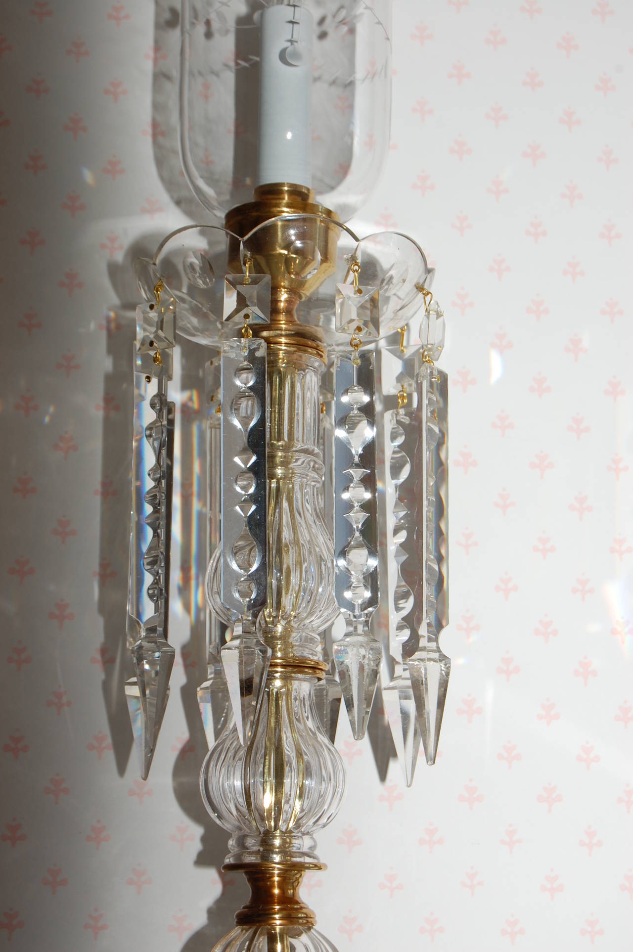 Pair of Crystal and Brass Candle Stick Lamps with Crystal Drops, 19th Century In Excellent Condition In Pittsburgh, PA