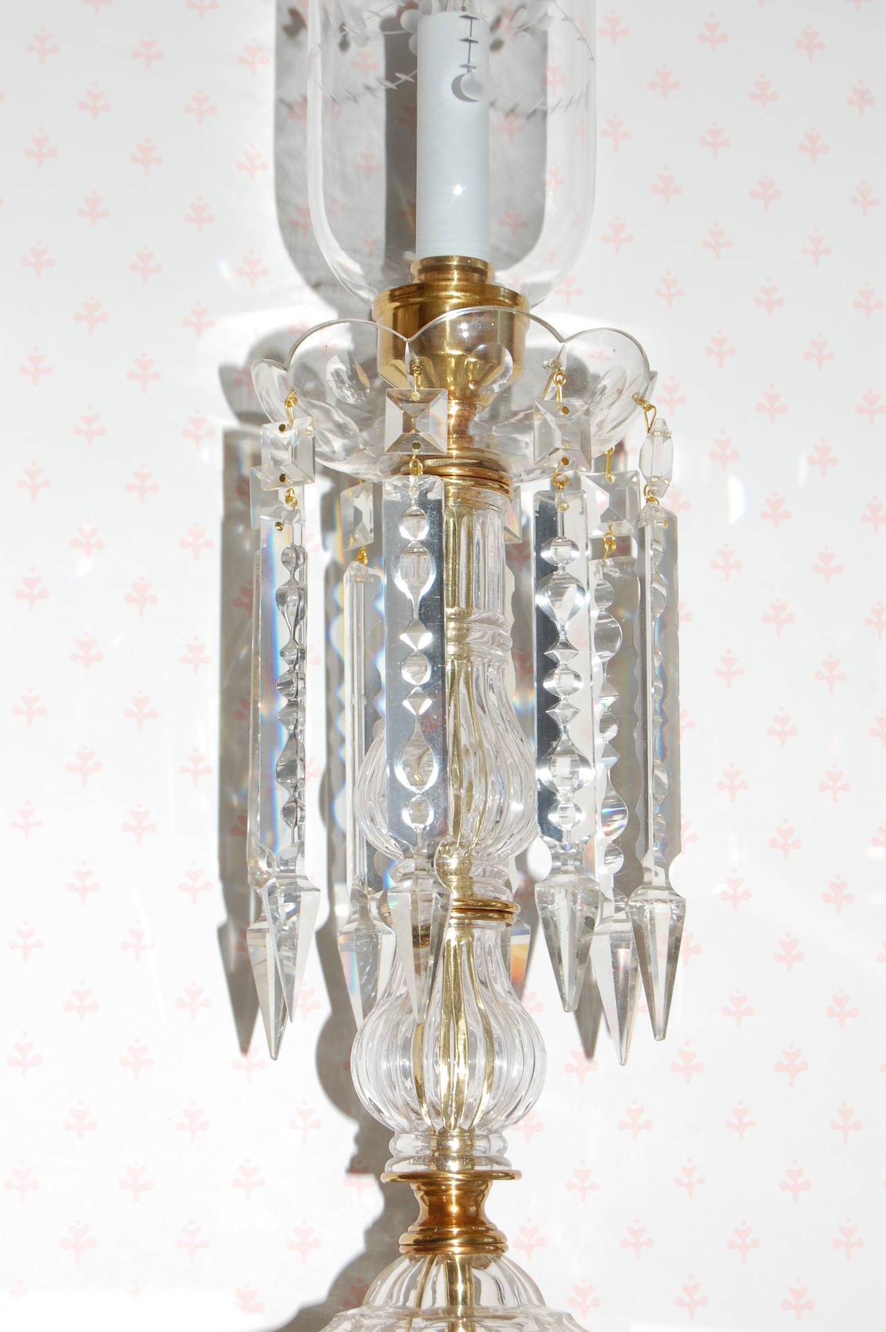 Pair of Crystal and Brass Candle Stick Lamps with Crystal 