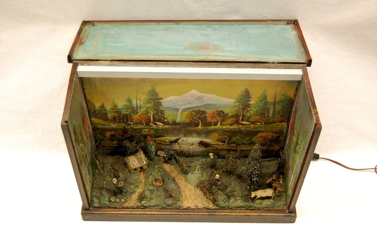 Wonderful lighted diorama of American countryside scene in excellent condition. The glass panel lifts out for cleaning. Interesting modeled red painted finish and hand-painted interior walls. Intricately fashioned waterways and shrubbery. Modern