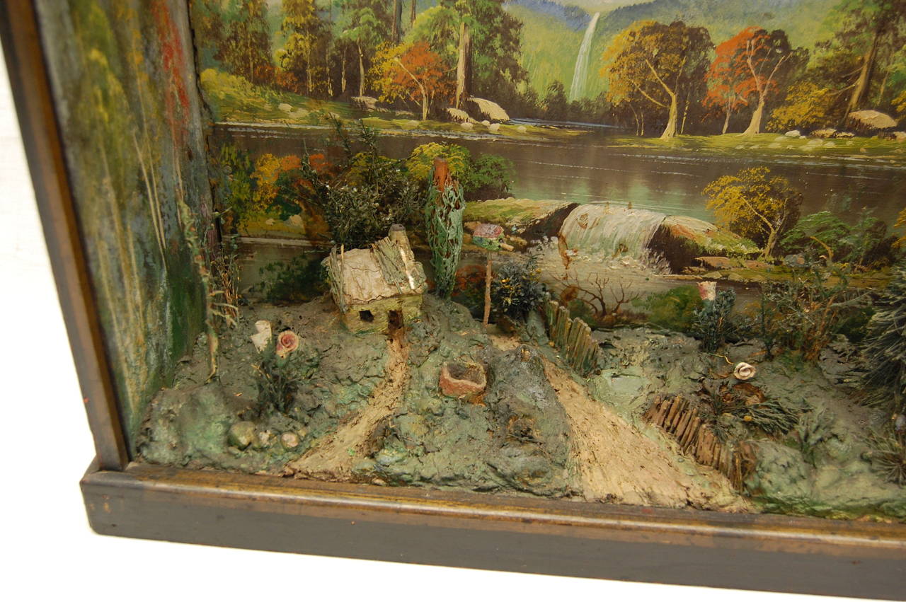 Hand-Painted Antique Diorama of American Farm Scene with Cow, Farmhouse and Trees