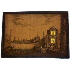 Hand-Colored Engraving Vue d'Optique, French Harbor Scene 18th Century