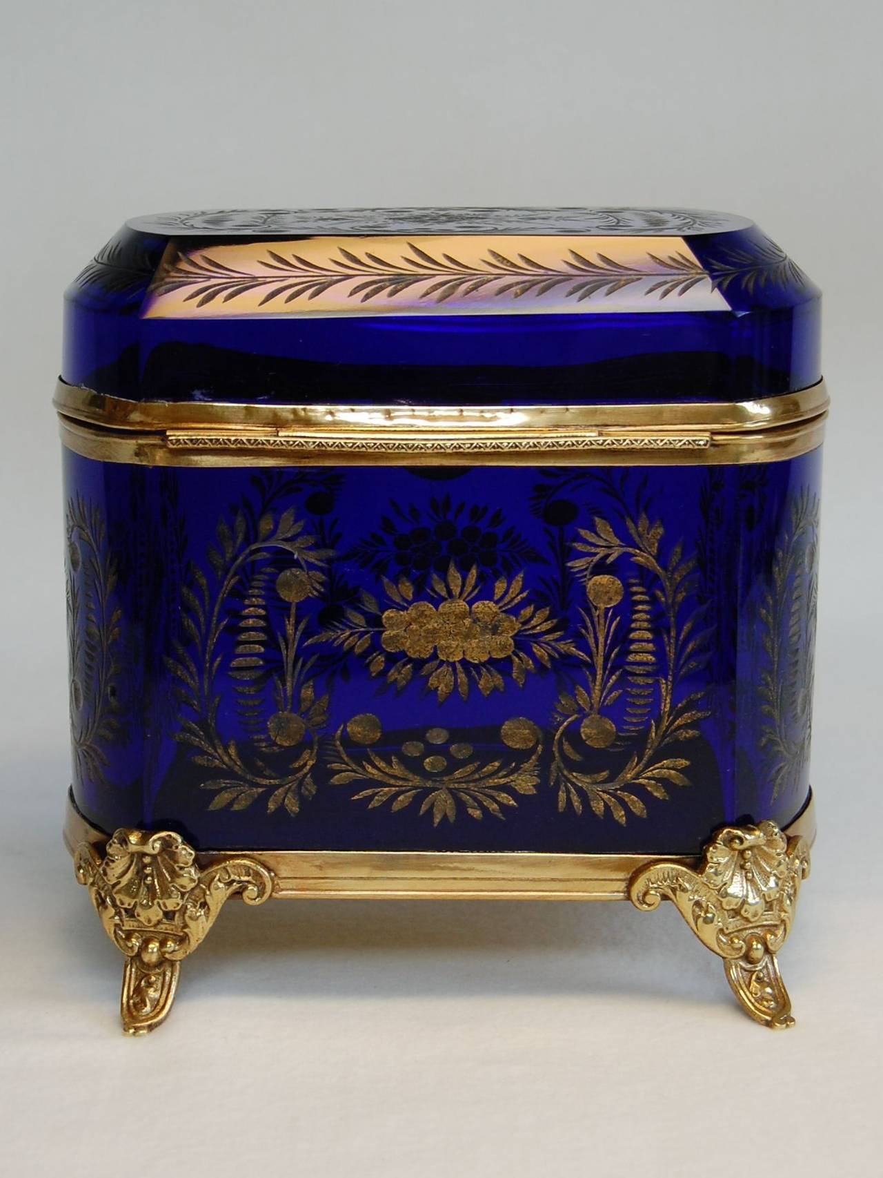 Brass Antique Cobalt Blue Glass Lidded Box, 19th Century