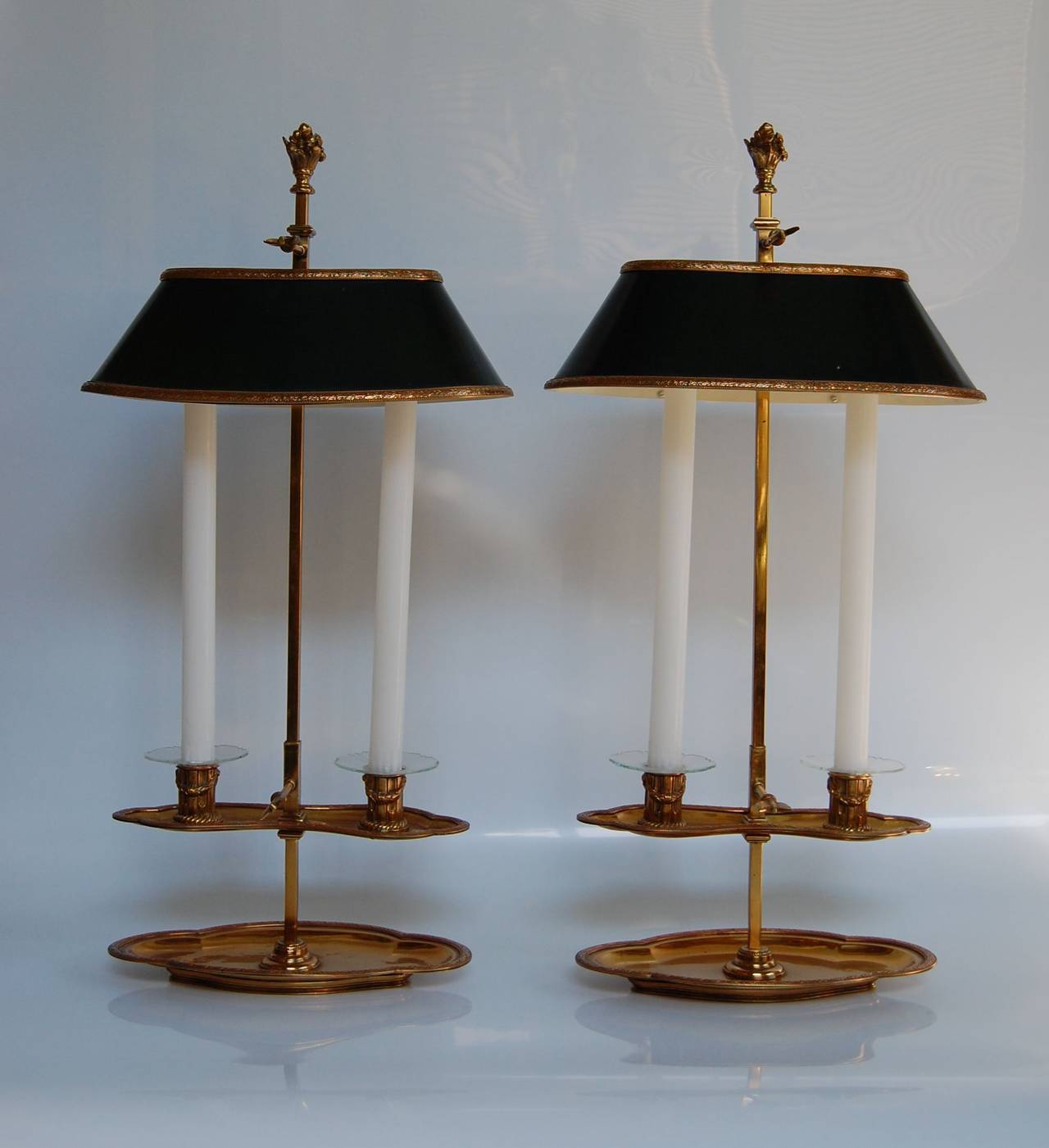 Pair of bouillote candle lamps stamped "Bagues" in mint condition, likely 19th century. These were purchased in the mid 1960's at A La Vieille Russie in New York City. 
