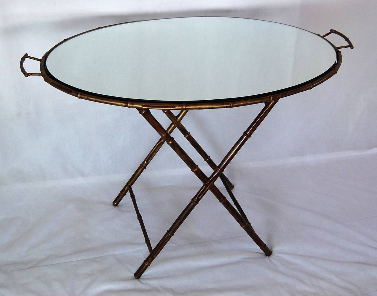 Metal Gold Leaf Finish, Bamboo Style Mirror-Top Table In Excellent Condition In Pittsburgh, PA