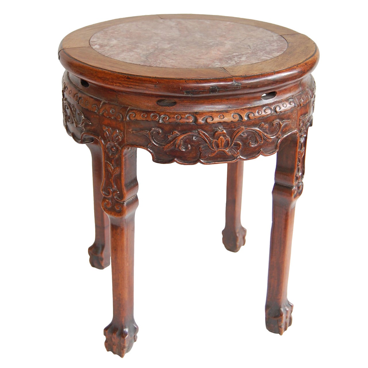 19th Century Circular Chinese Carved Rosewood Table with Marble Top For Sale