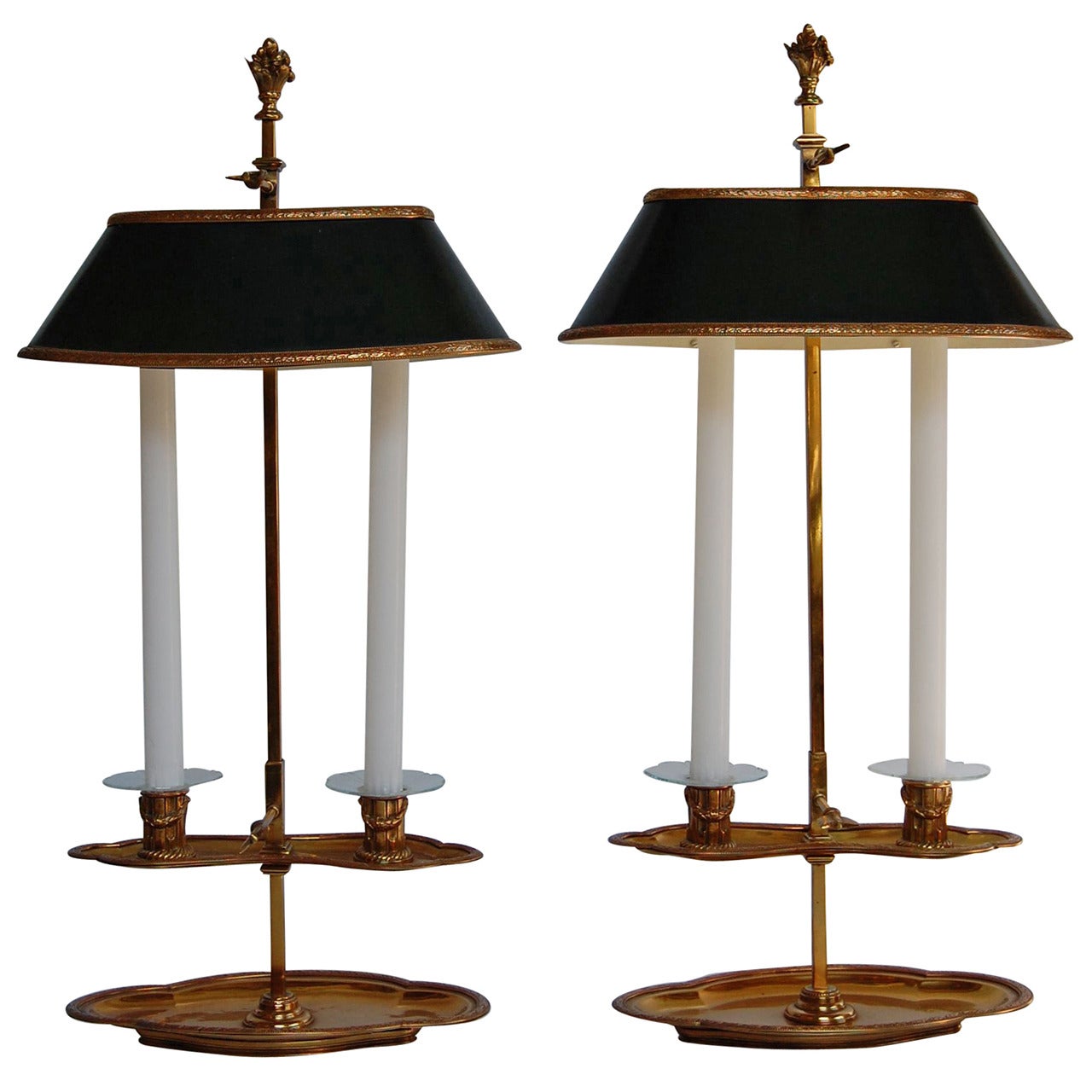 Pair of 19th Century Bouillotte Candle Lamps Stamped "Bagues" in Gold Finish For Sale