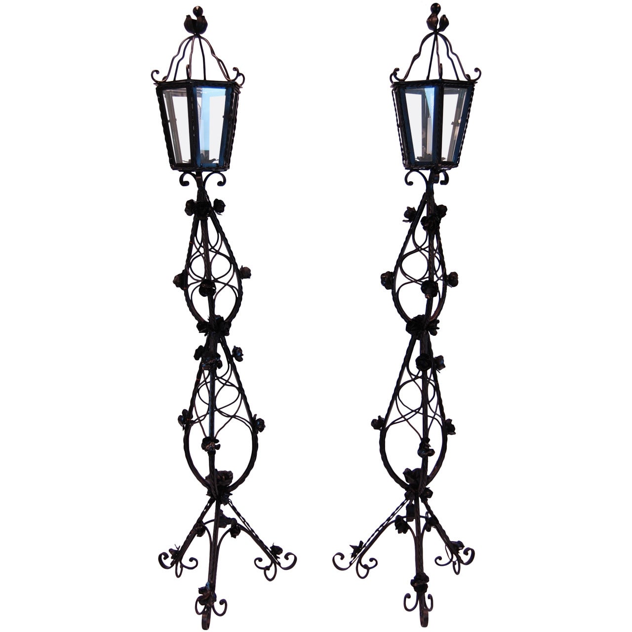 Pair of Italian Tole Standing Lanterns, Early 20th Century