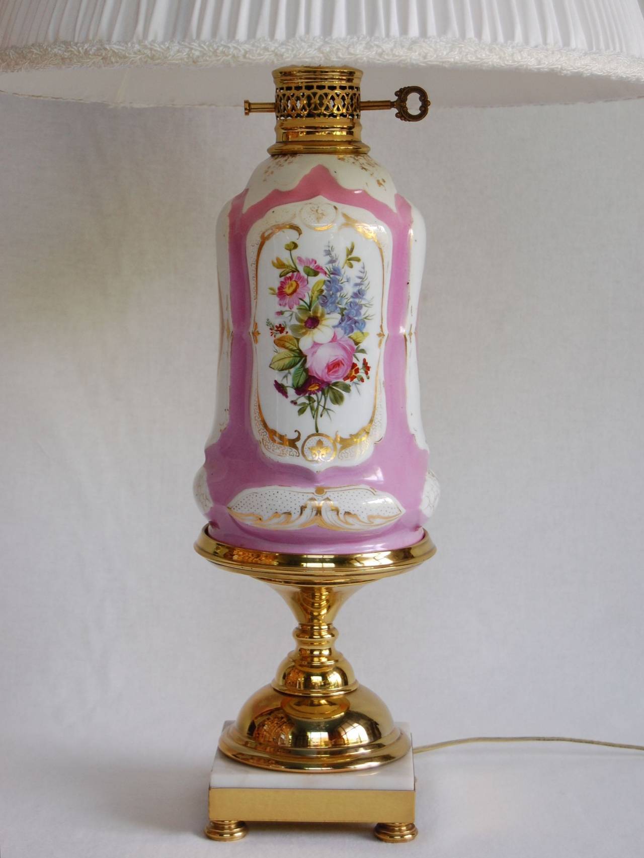 French Paris Porcelain Oil Lamp w/ Floral Decorations, Marble & Brass Base