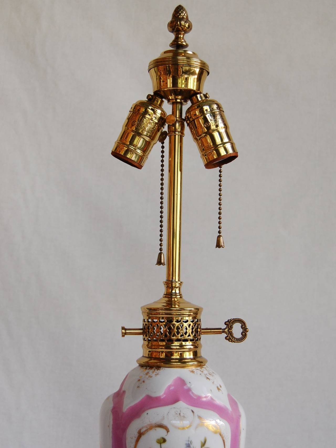19th Century Paris Porcelain Oil Lamp w/ Floral Decorations, Marble & Brass Base