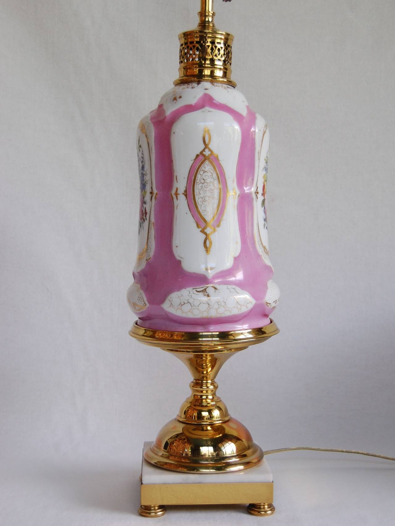 Paris Porcelain Oil Lamp w/ Floral Decorations, Marble & Brass Base 1