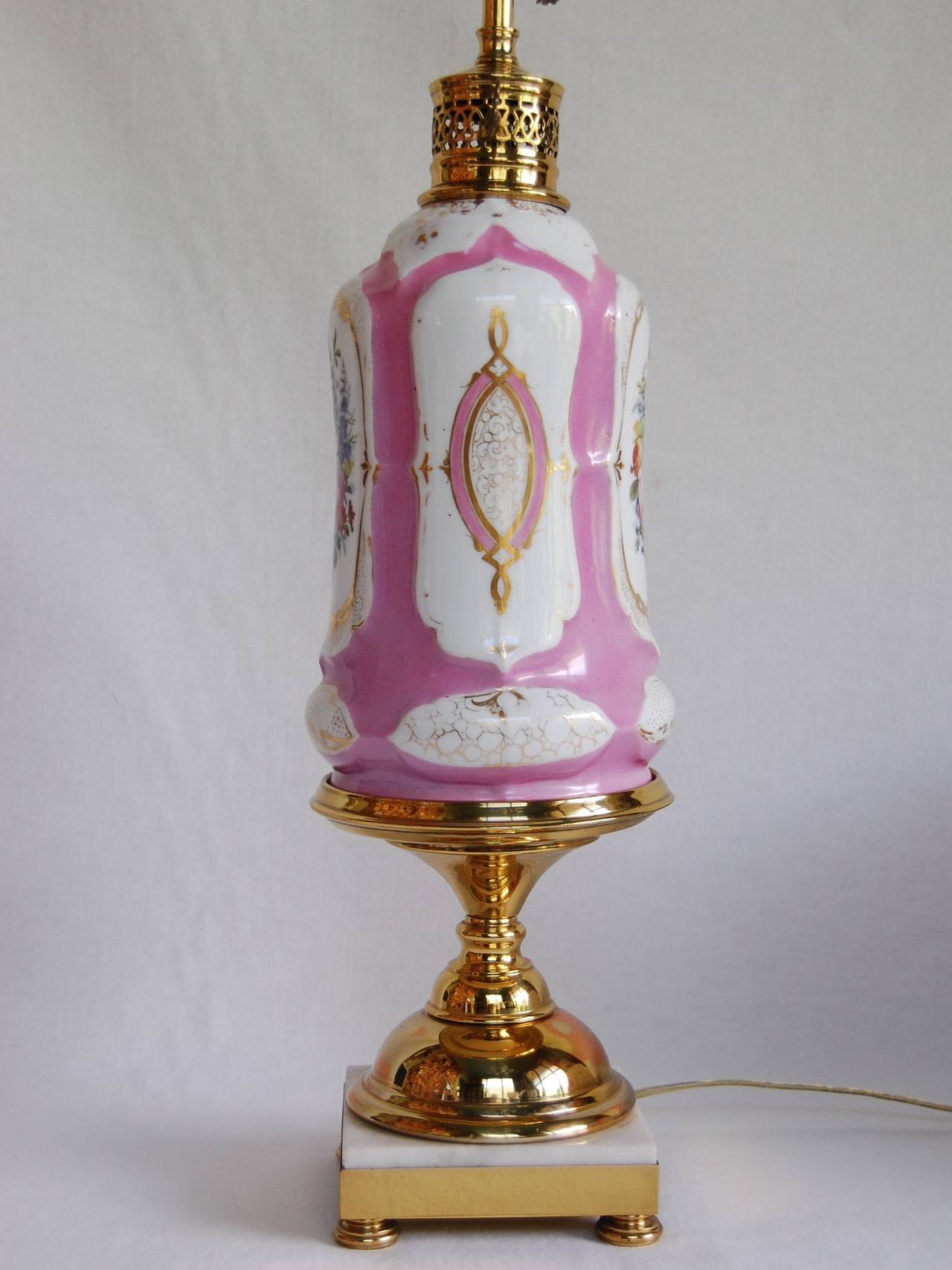 Paris Porcelain Oil Lamp w/ Floral Decorations, Marble and Brass Base at 1stdibs