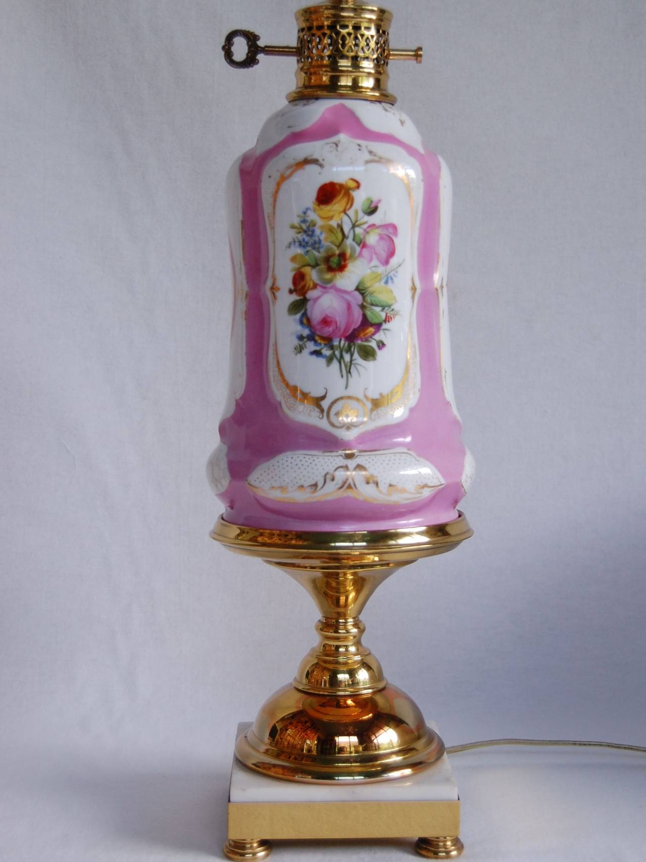 Paris Porcelain Oil Lamp w/ Floral Decorations, Marble & Brass Base 2