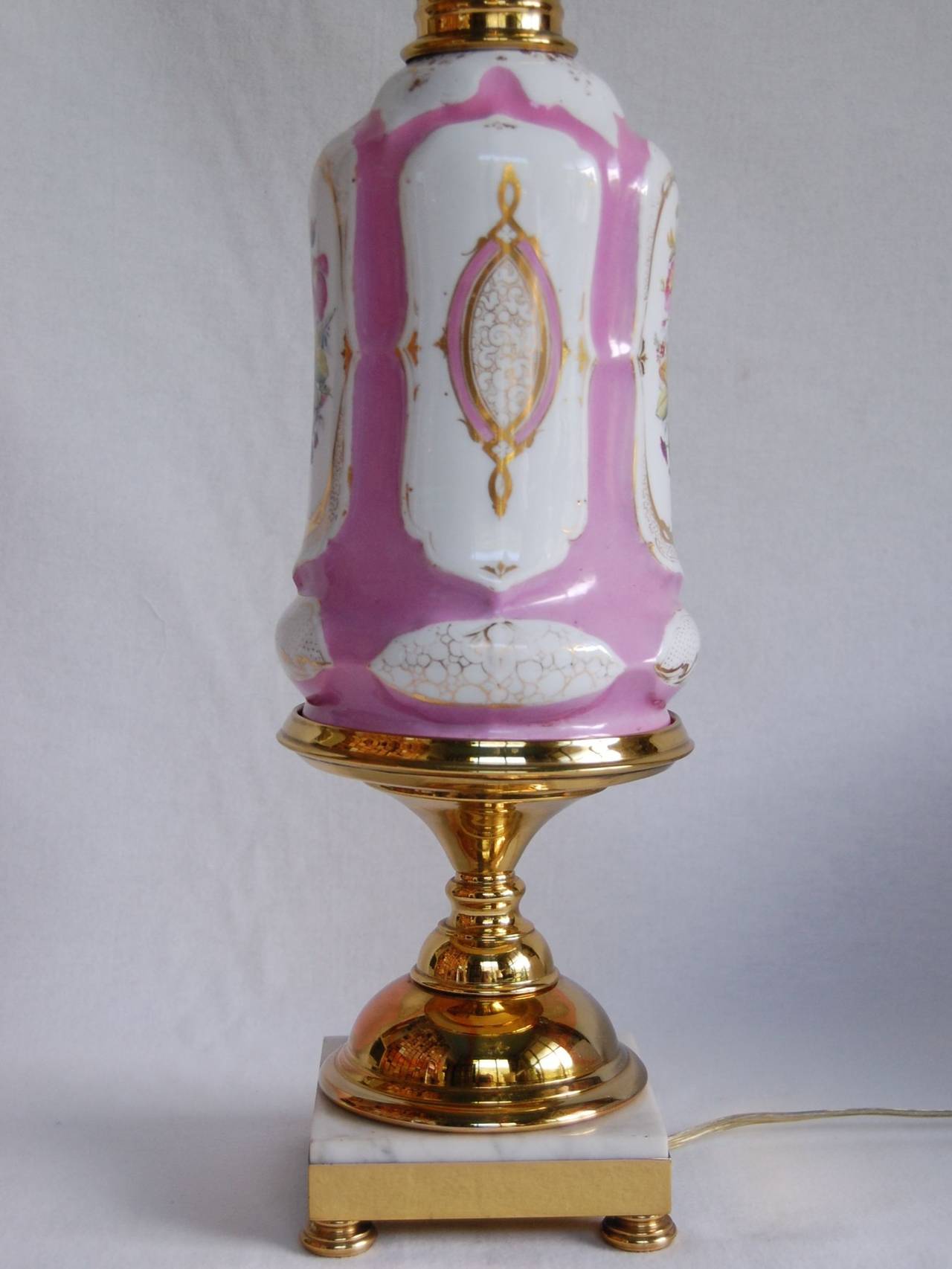 Paris Porcelain Oil Lamp w/ Floral Decorations, Marble & Brass Base 3