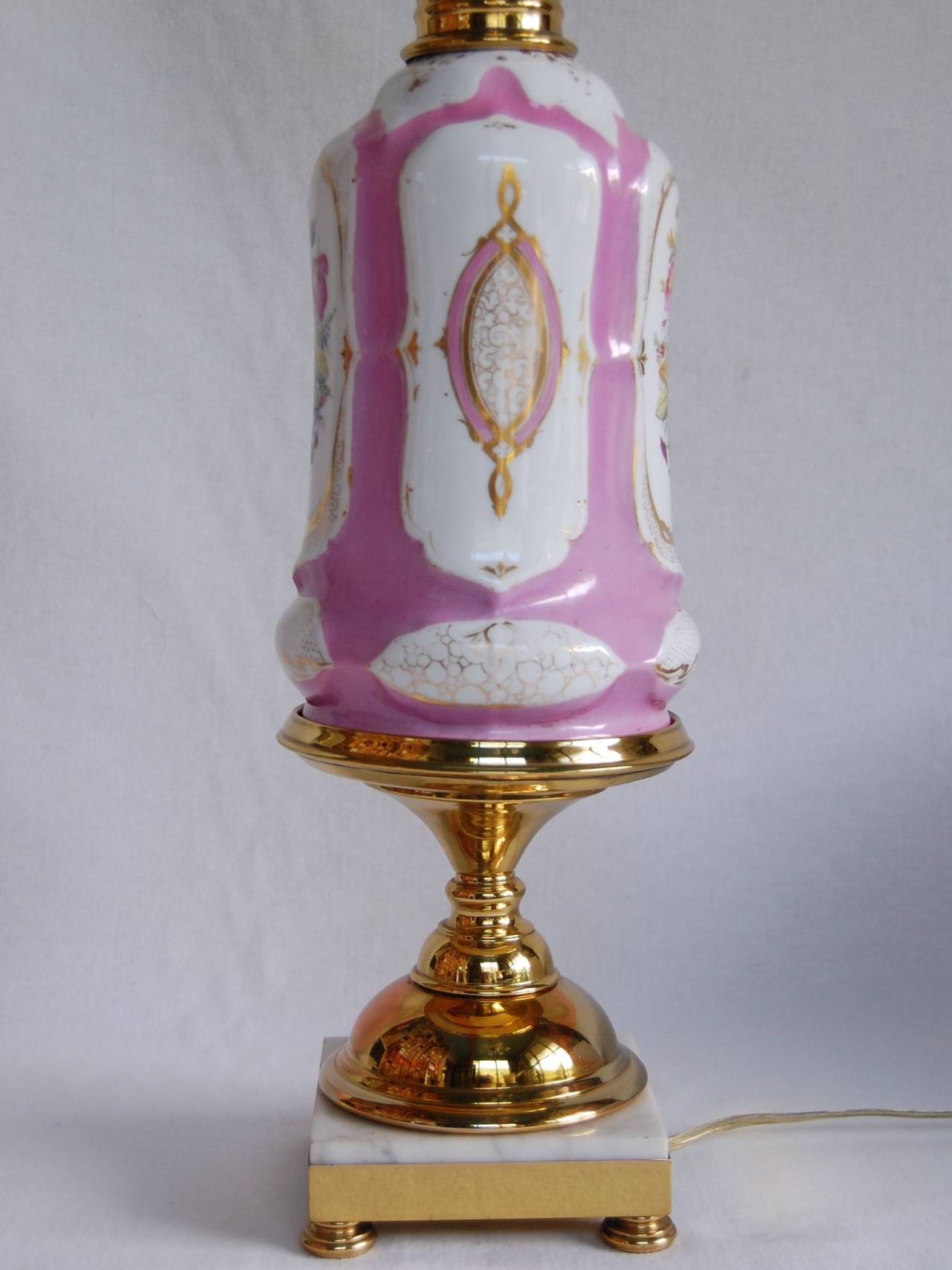 Paris Porcelain Oil Lamp w/ Floral Decorations, Marble and Brass Base