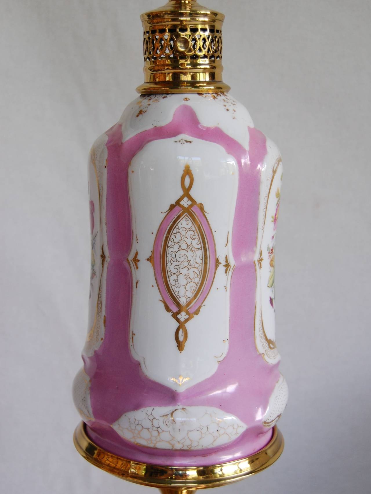 Paris Porcelain Oil Lamp w/ Floral Decorations, Marble & Brass Base 4