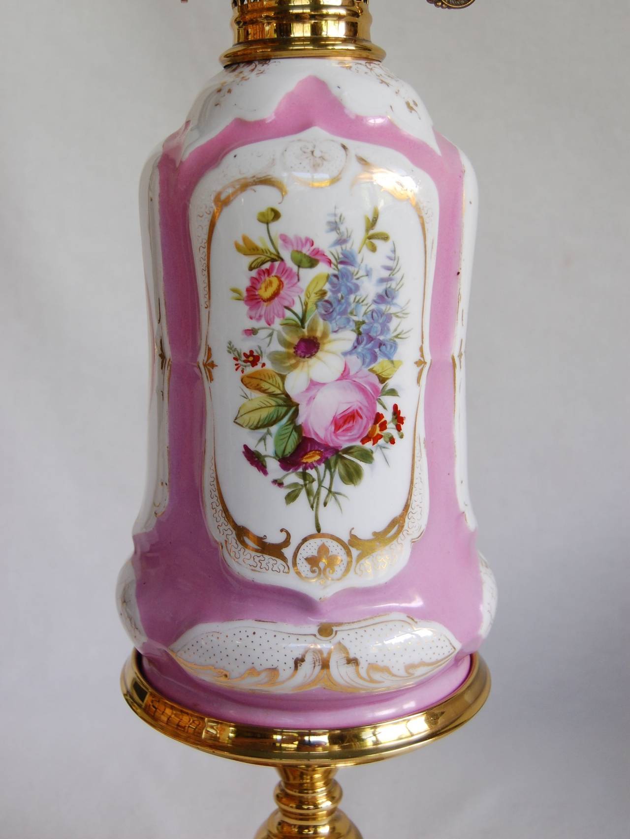 Paris Porcelain Oil Lamp w/ Floral Decorations, Marble & Brass Base 5