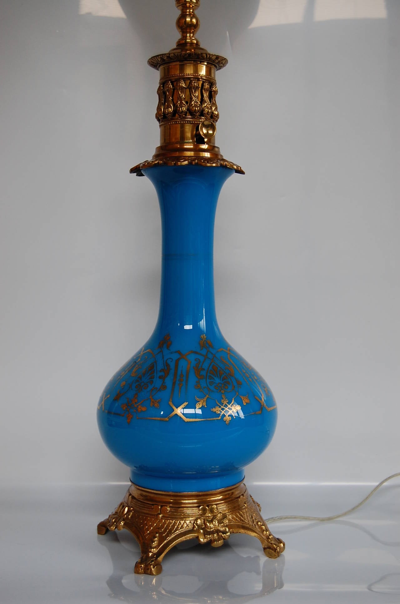 19th Century Blue Opaline Glass French Oil Lamp For Sale