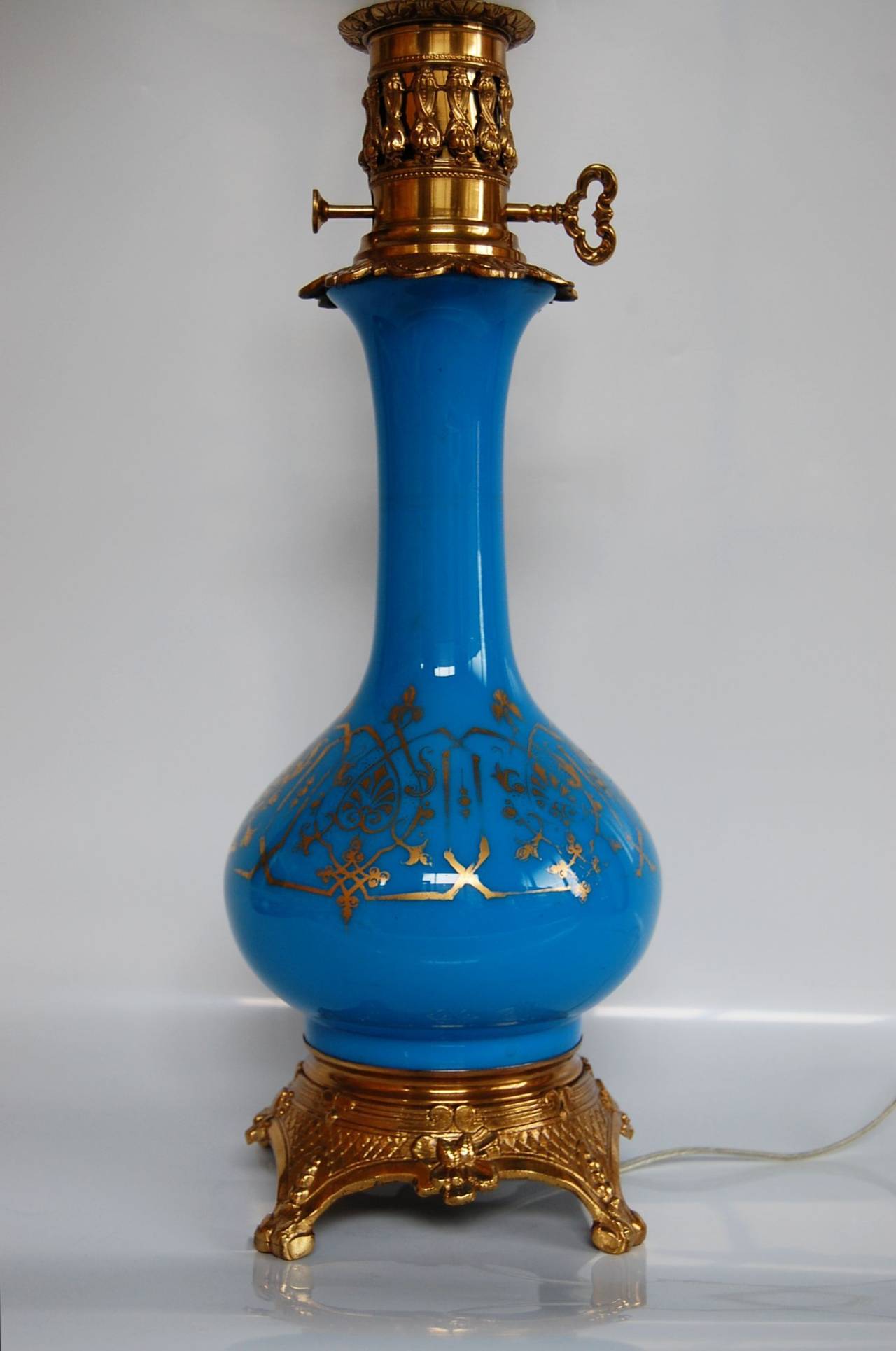 Brass Blue Opaline Glass French Oil Lamp For Sale