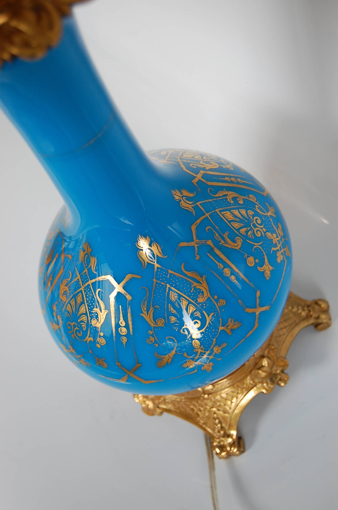 Blue Opaline Glass French Oil Lamp For Sale 3
