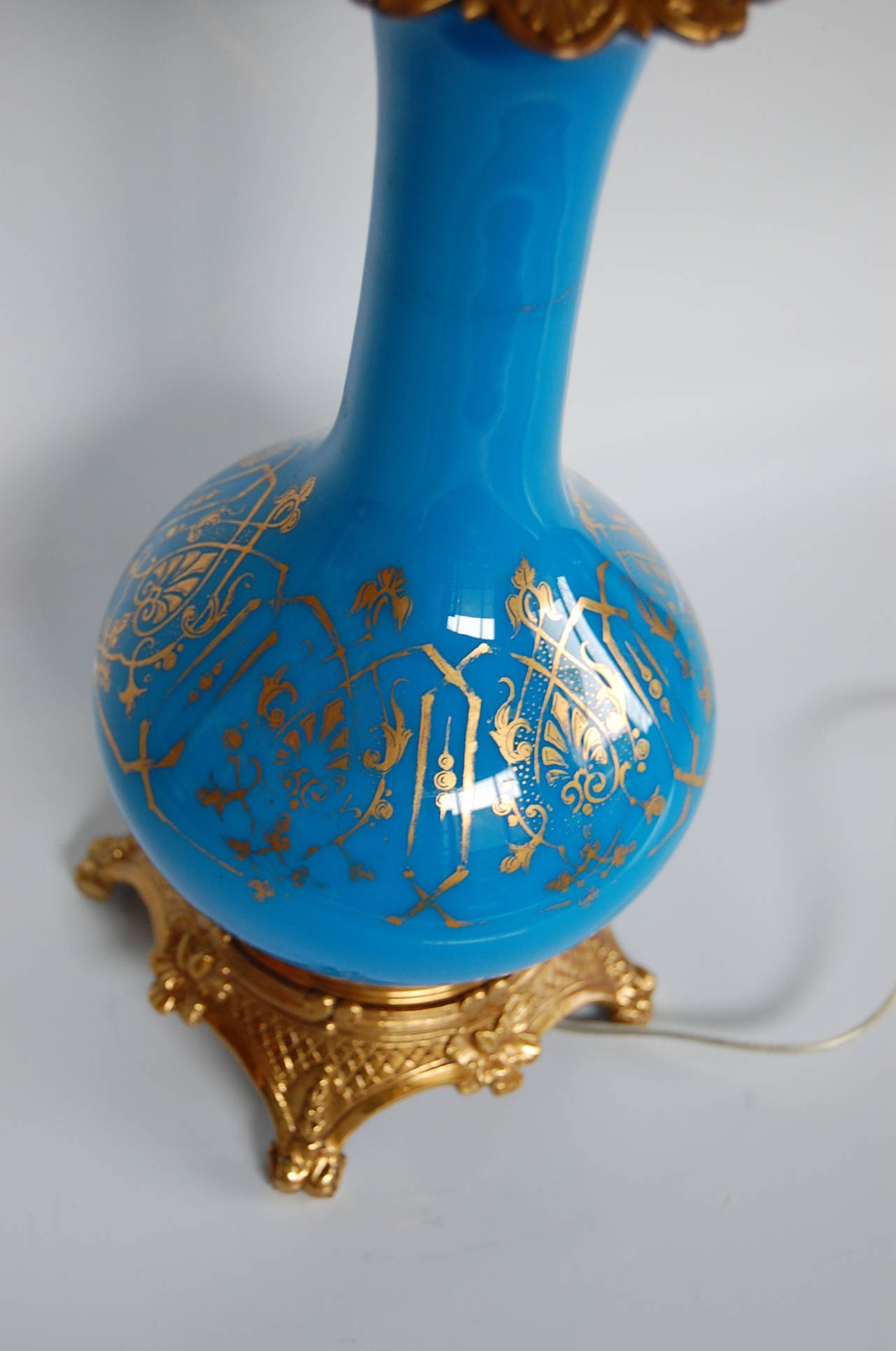 Blue Opaline Glass French Oil Lamp For Sale 4